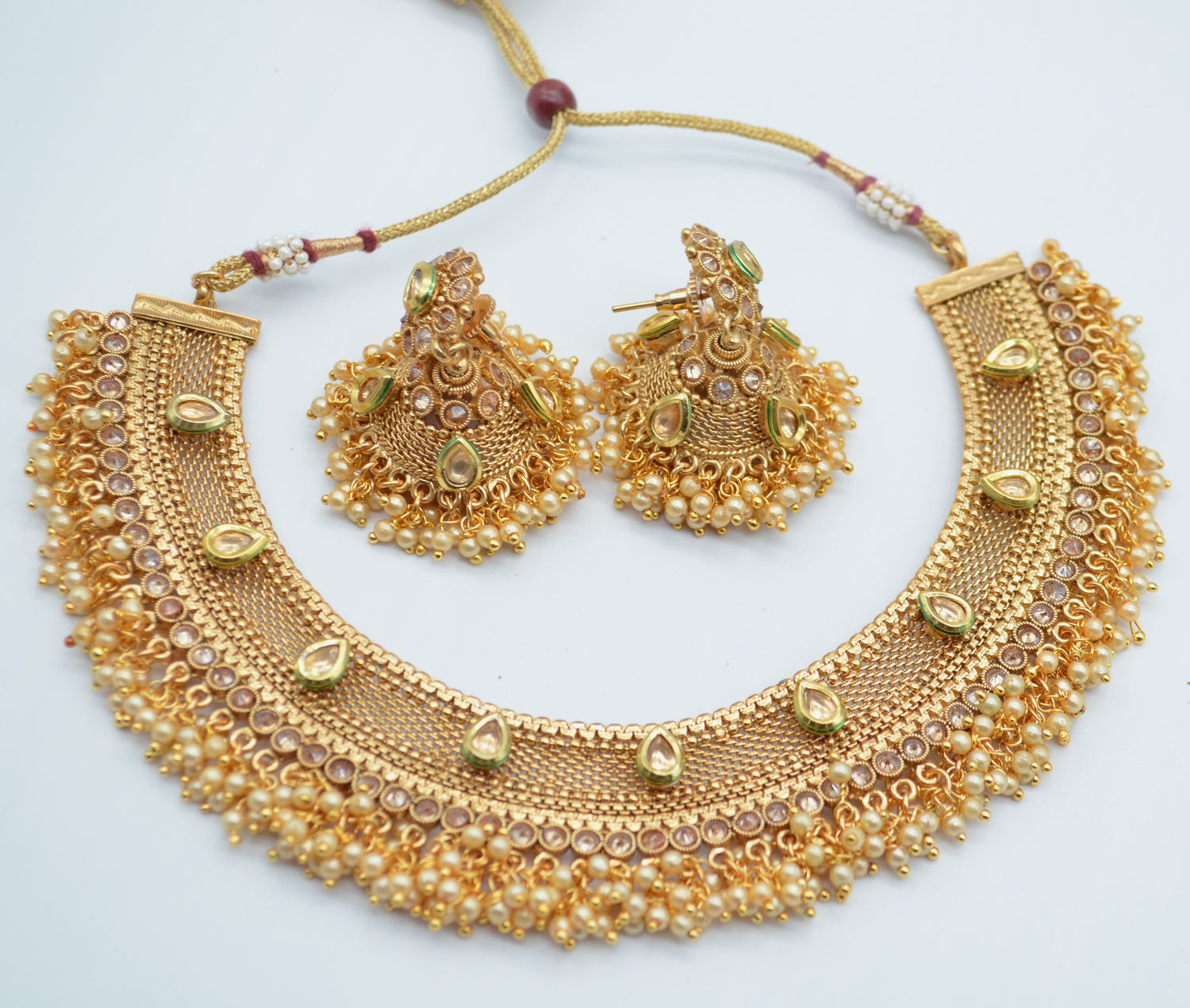 Kundan Gold Pearl Cluster Necklace Set With Jhumki Necklaces