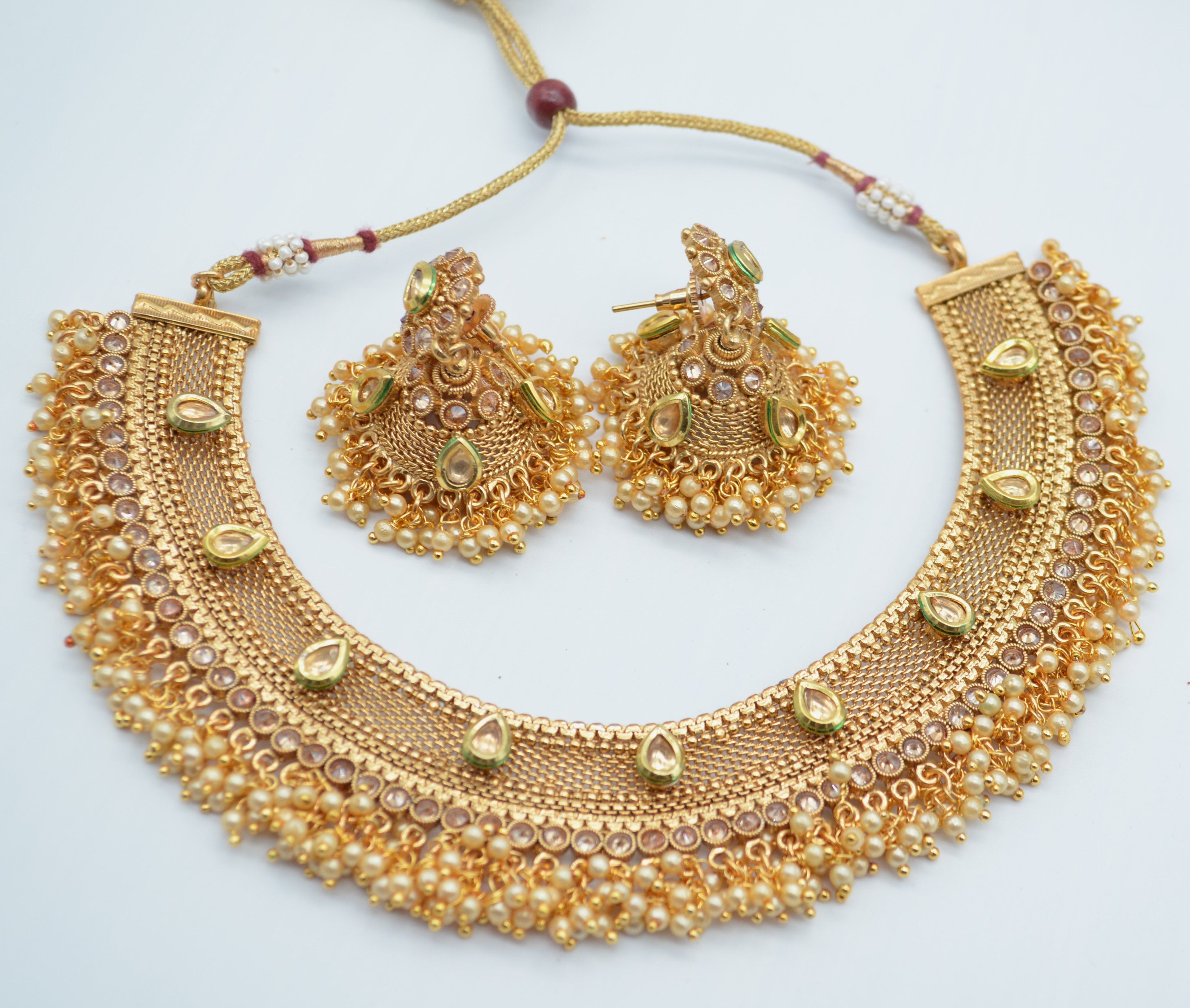 Kundan Gold Pearl Cluster Necklace Set With Jhumki Necklaces