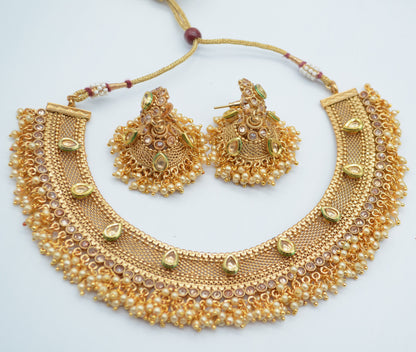 Kundan Gold Pearl Cluster Necklace Set With Jhumki Necklaces