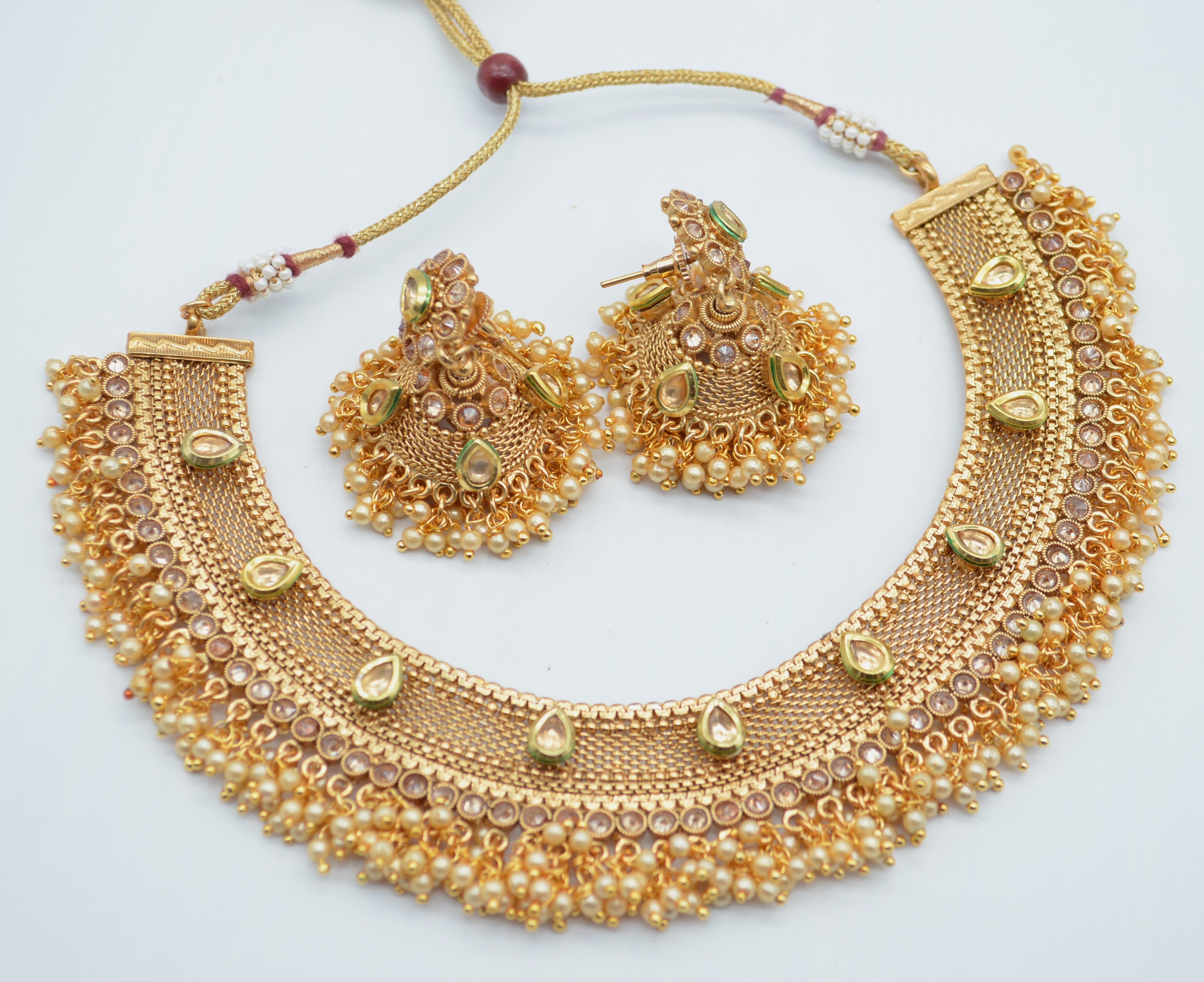 Kundan Gold Pearl Cluster Necklace Set With Jhumki Necklaces