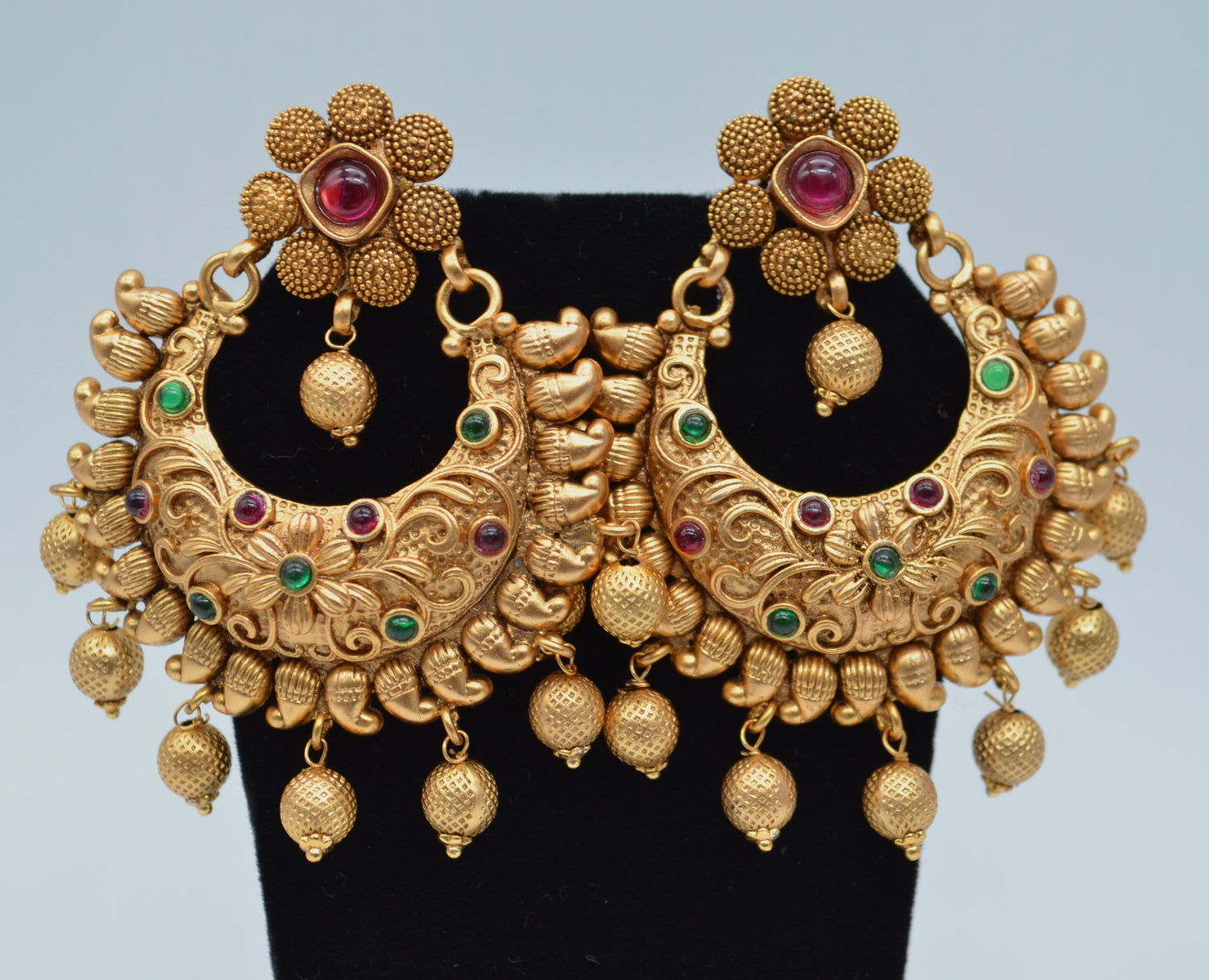 Traditional Kemp Stone Chandbali Earrings - Temple Inspired