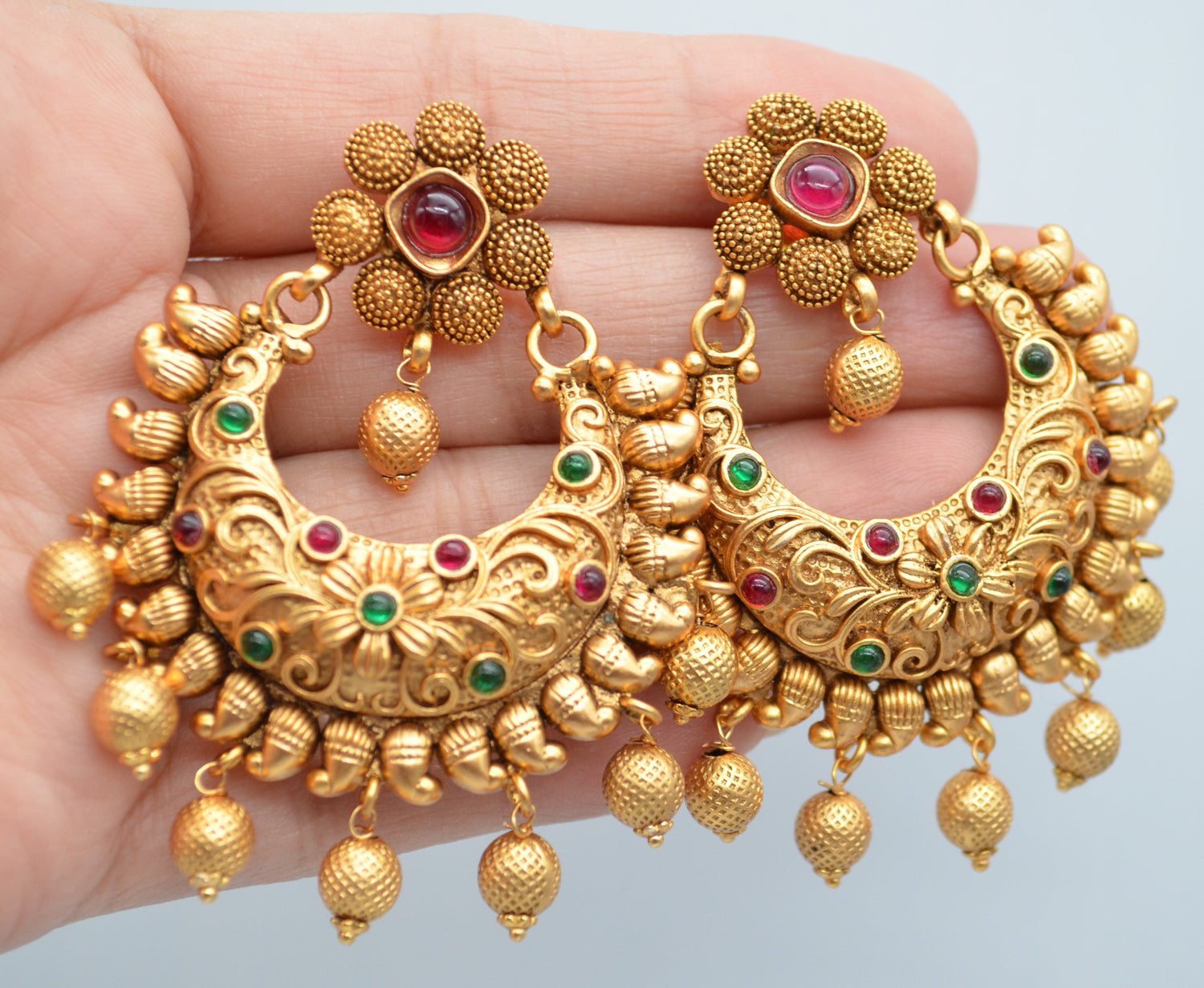 Traditional Kemp Stone Chandbali Earrings - Temple Inspired