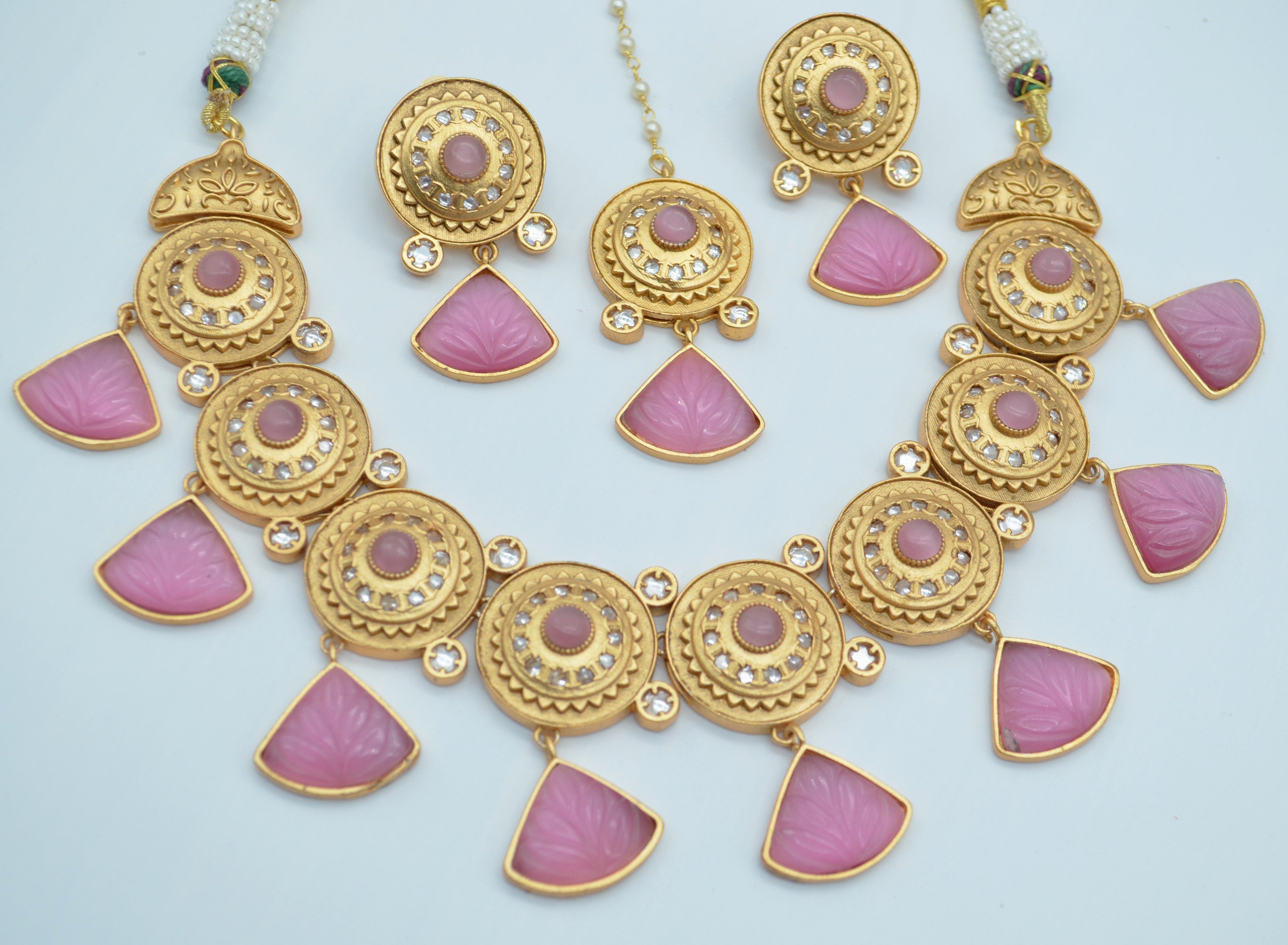 Bella Carved Stone Kundan Necklace Set With Maang Tikka Necklaces