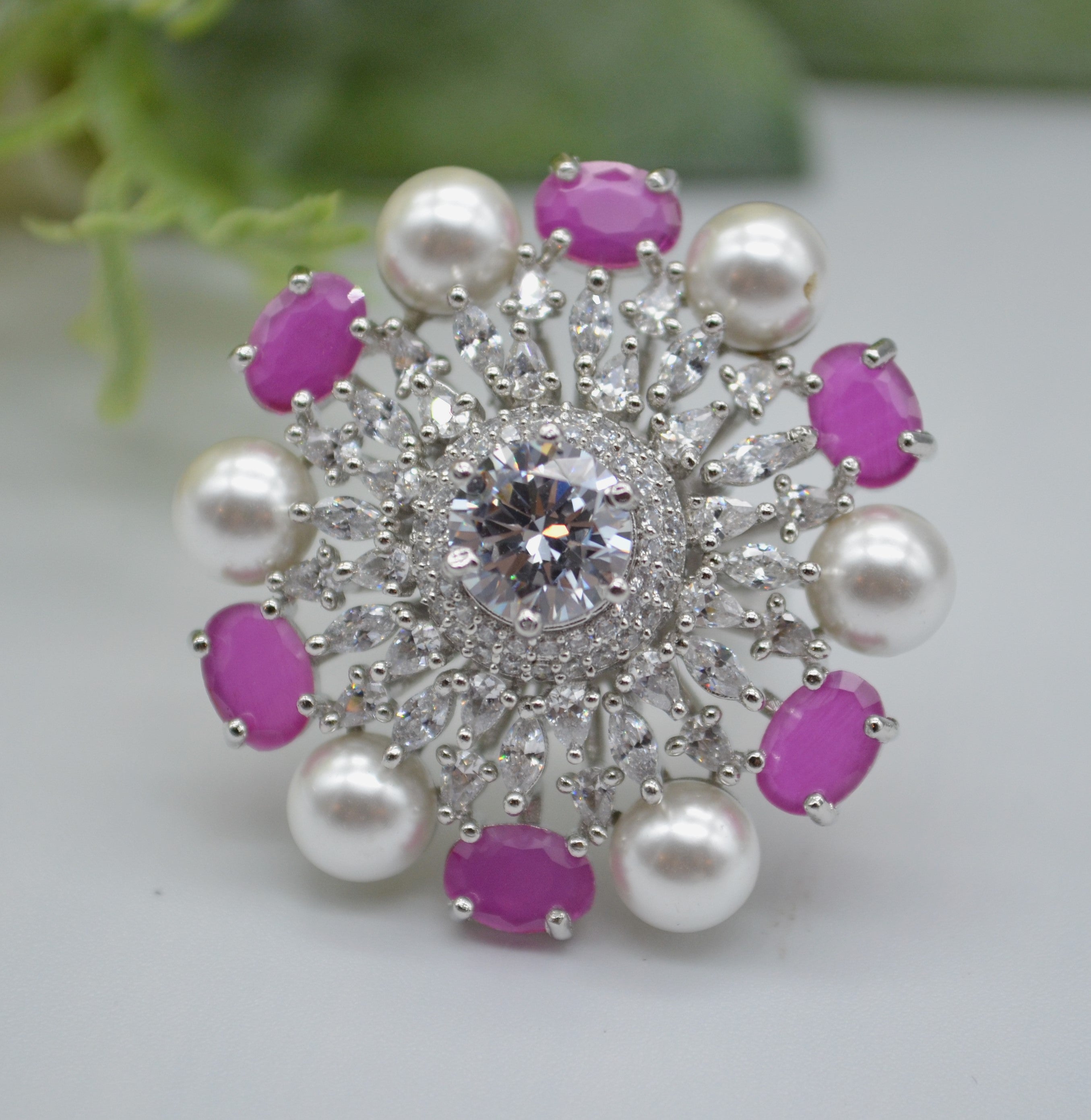 Cz With Pearl &amp; Monalisa Stone Adjustable Ring Hot Pink Rings