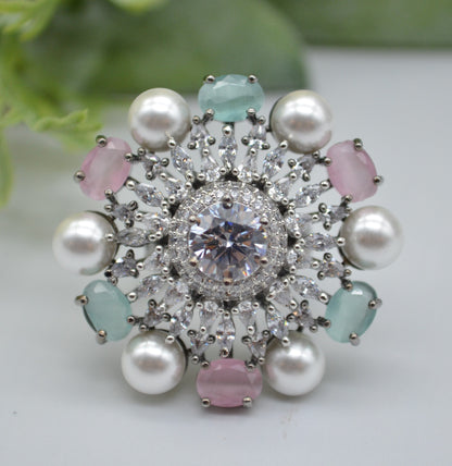 Cz With Pearl &amp; Monalisa Stone Adjustable Ring Mint Multi Rings