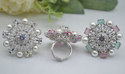 Cz With Pearl &amp; Monalisa Stone Adjustable Ring Rings