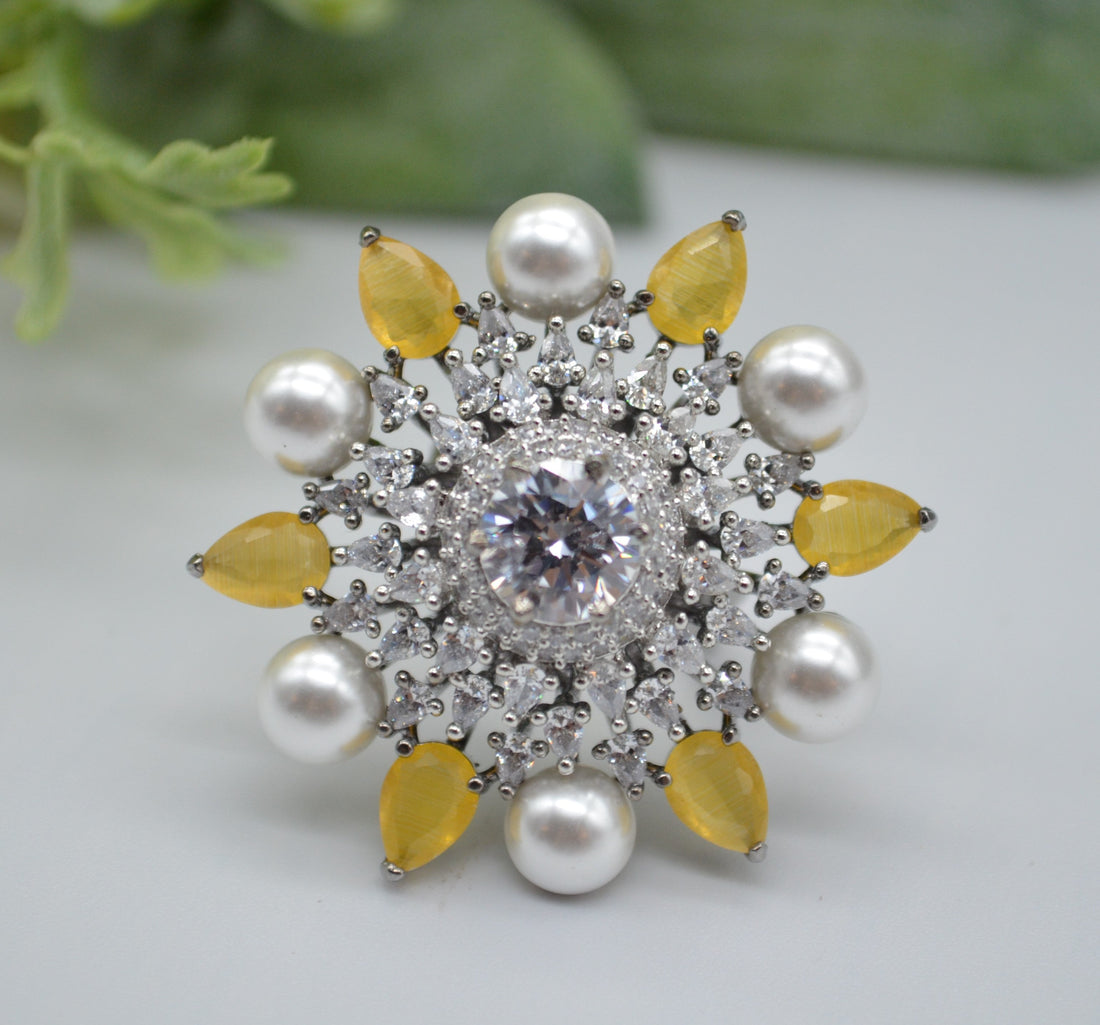 Cz With Pearl &amp; Monalisa Stone Adjustable Ring Rings