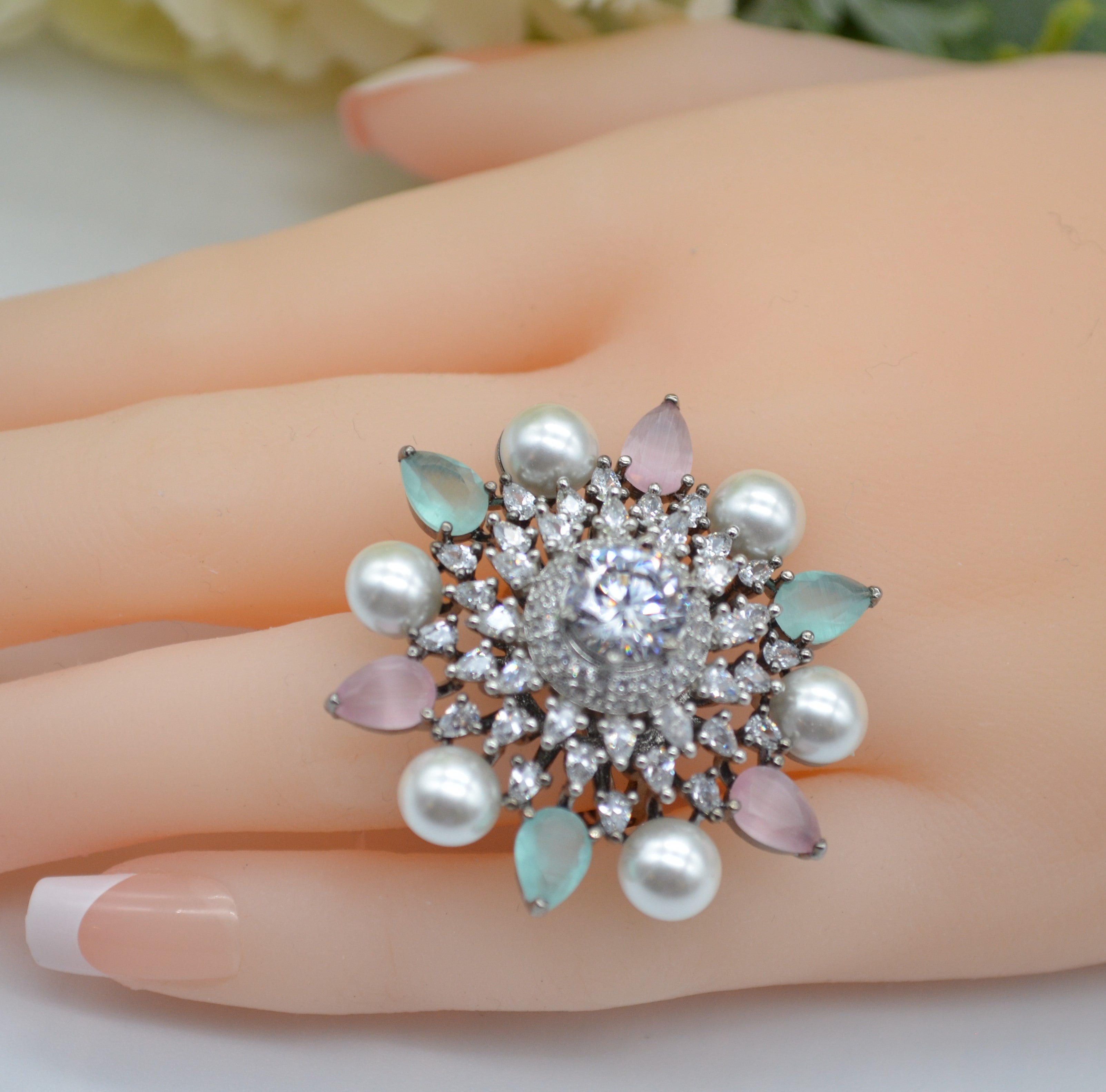 Cz With Pearl &amp; Monalisa Stone Adjustable Ring Rings