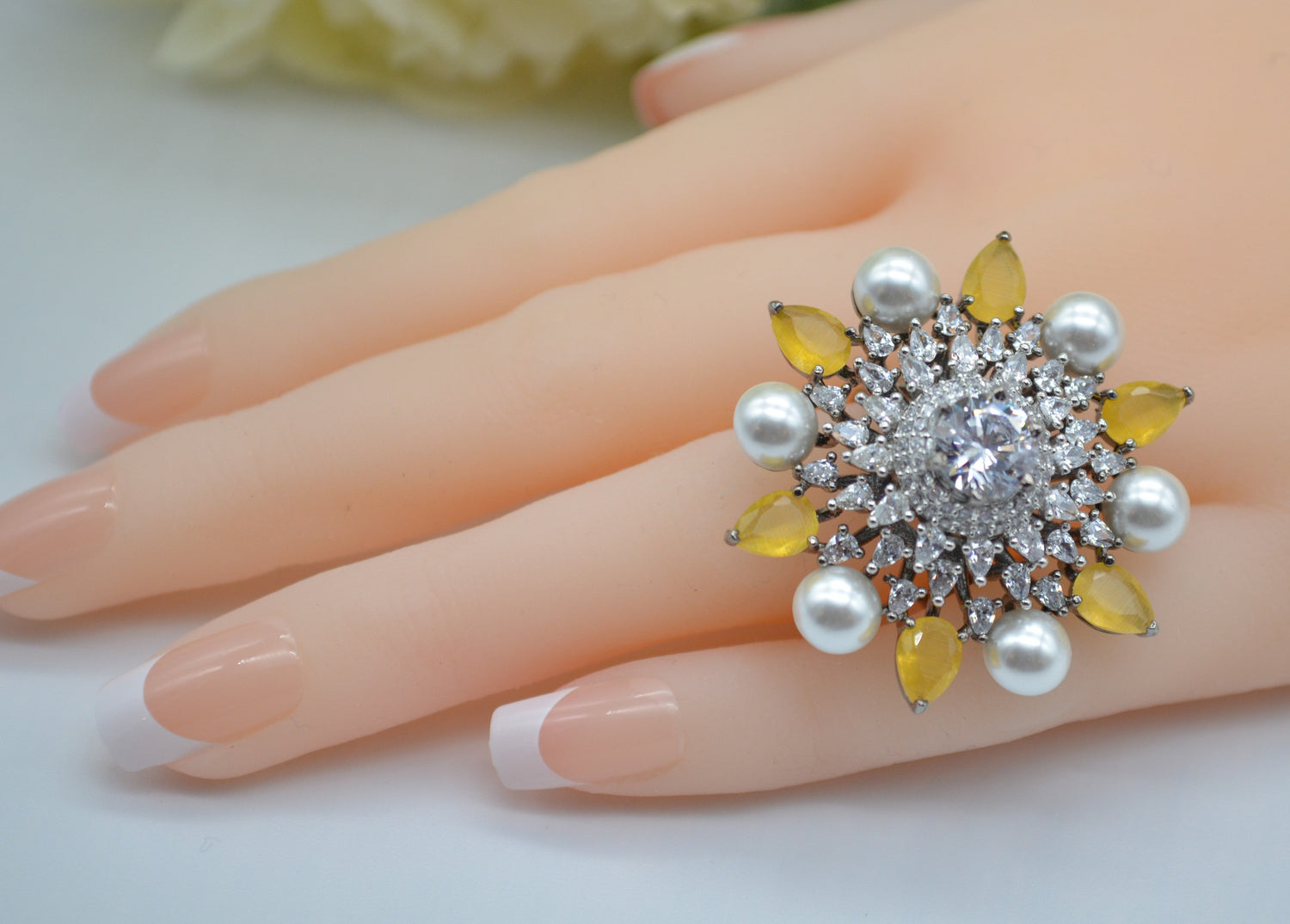 Cz With Pearl &amp; Monalisa Stone Adjustable Ring Rings