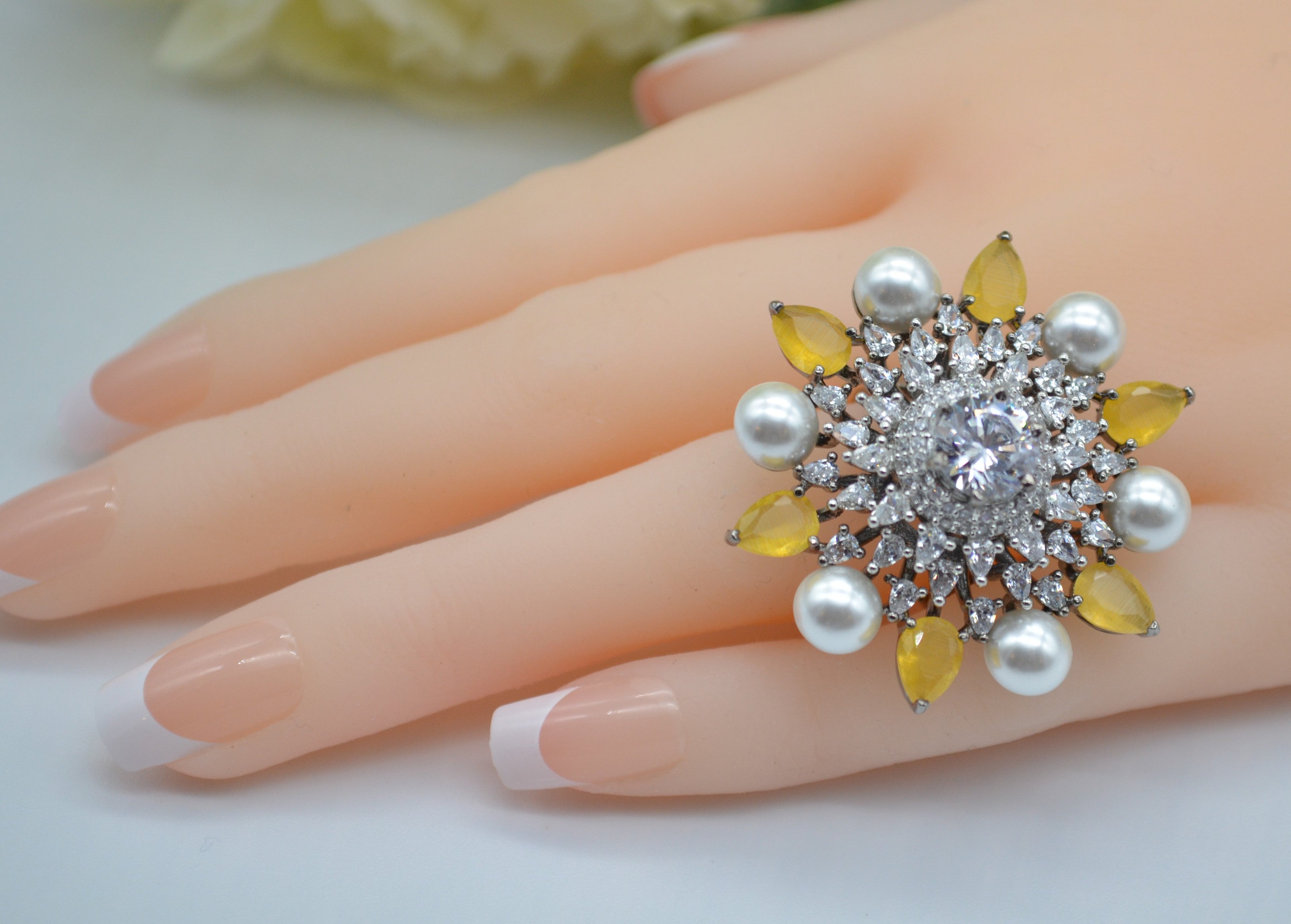 Cz With Pearl &amp; Monalisa Stone Adjustable Ring Rings