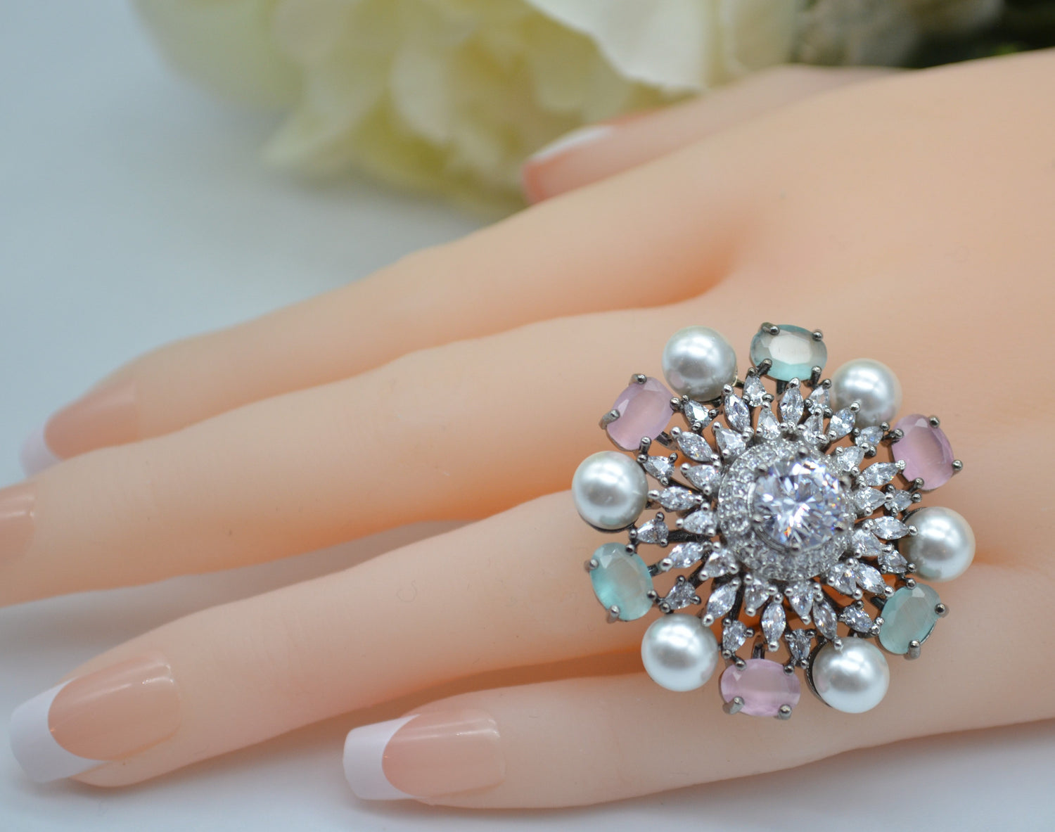 Cz With Pearl &amp; Monalisa Stone Adjustable Ring Rings