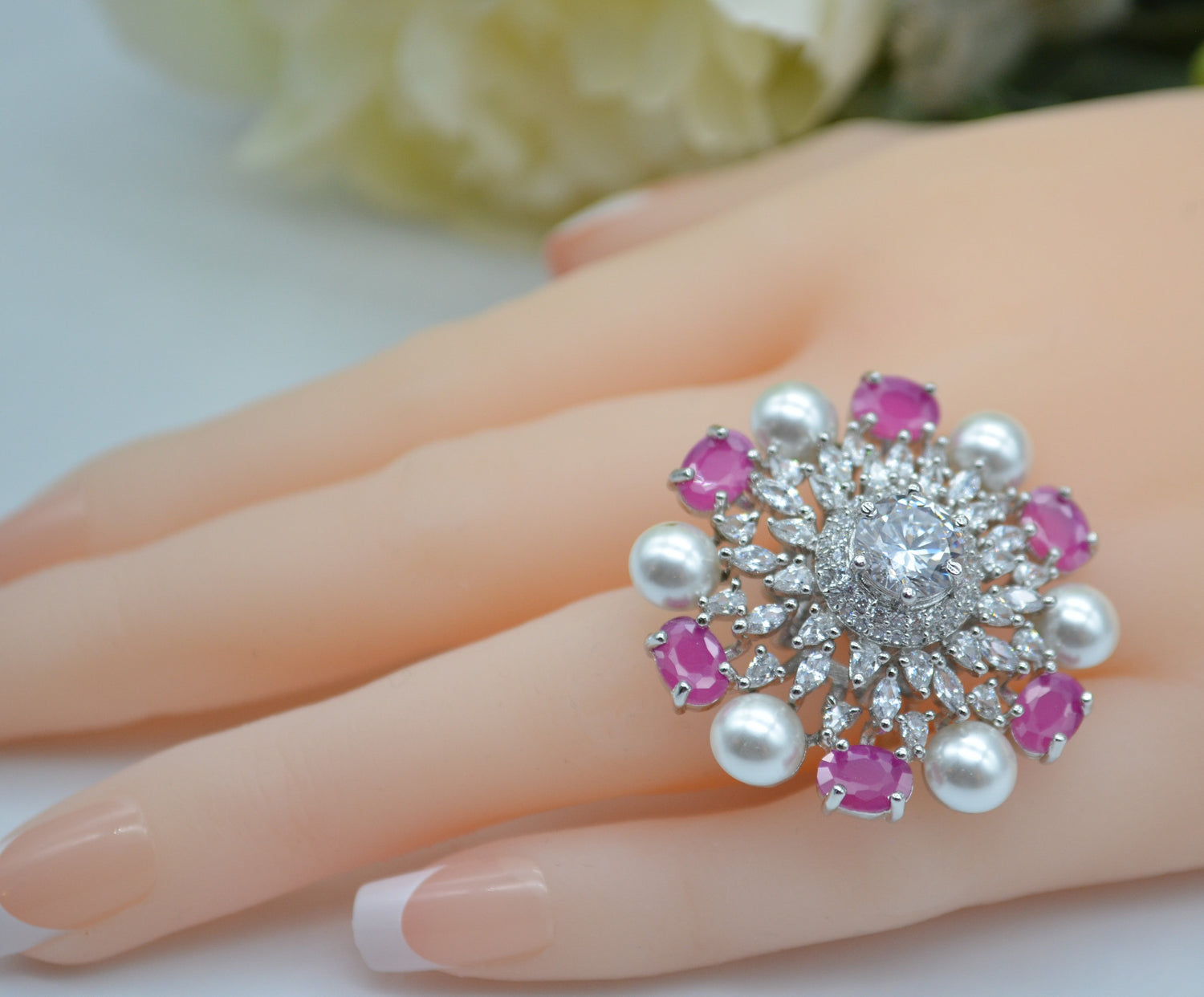 Cz With Pearl &amp; Monalisa Stone Adjustable Ring Rings