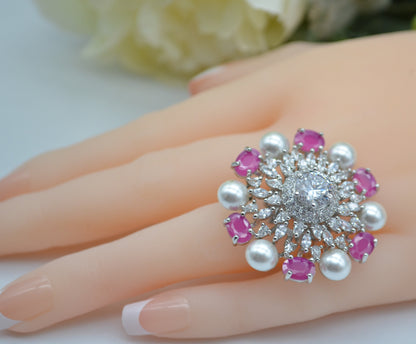 Cz With Pearl &amp; Monalisa Stone Adjustable Ring Rings