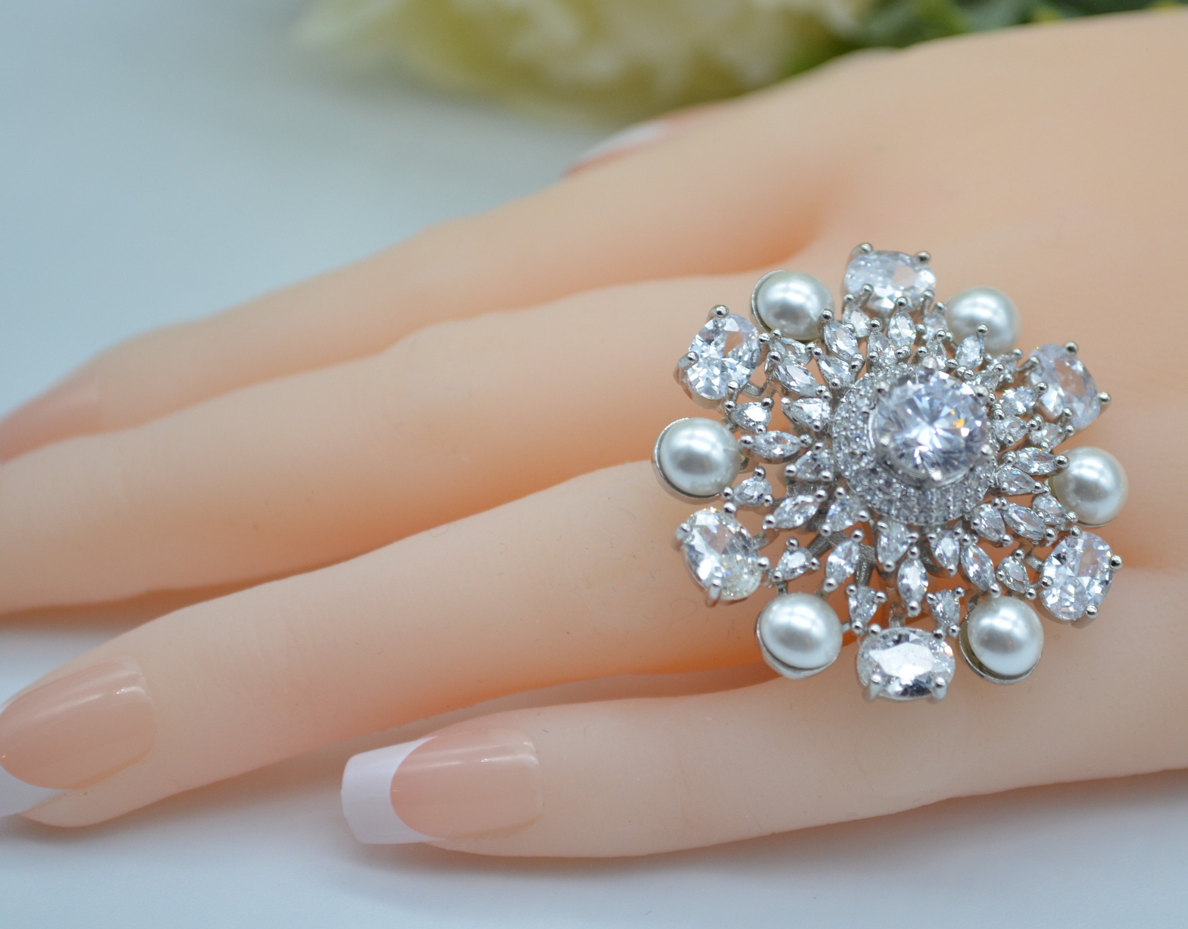 Cz With Pearl &amp; Monalisa Stone Adjustable Ring Rings