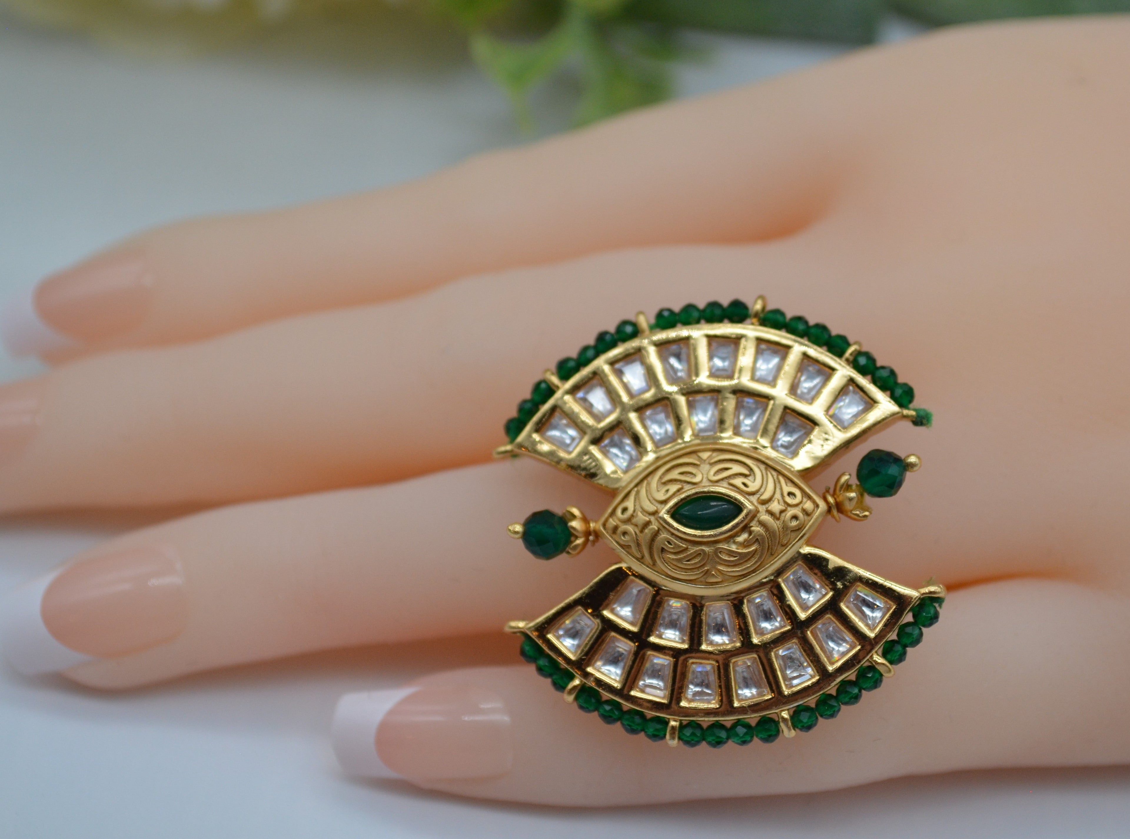 Tyaani Kundan Adjustable Ring Green Rings