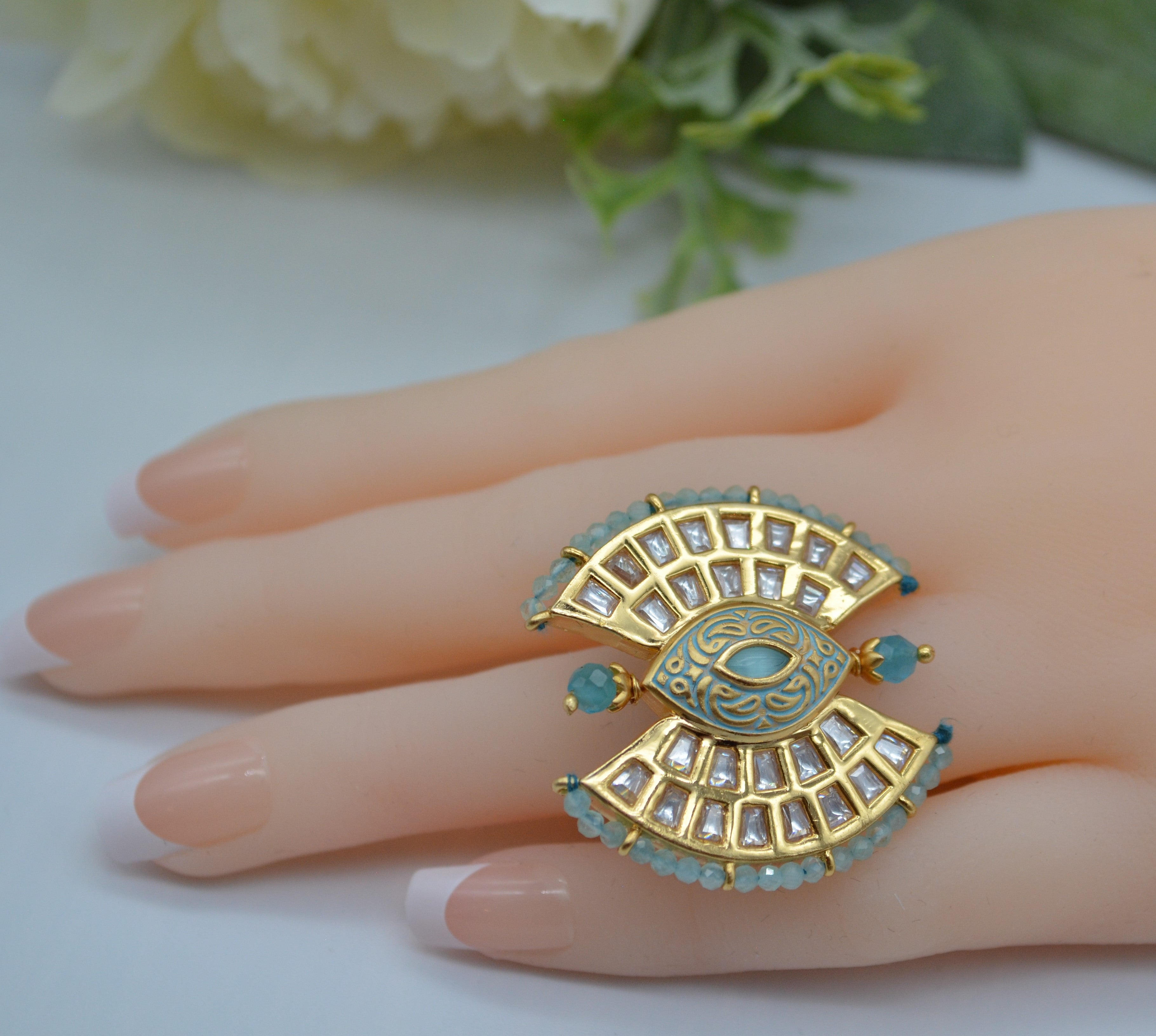 Tyaani Kundan Adjustable Ring Aqua Blue Rings