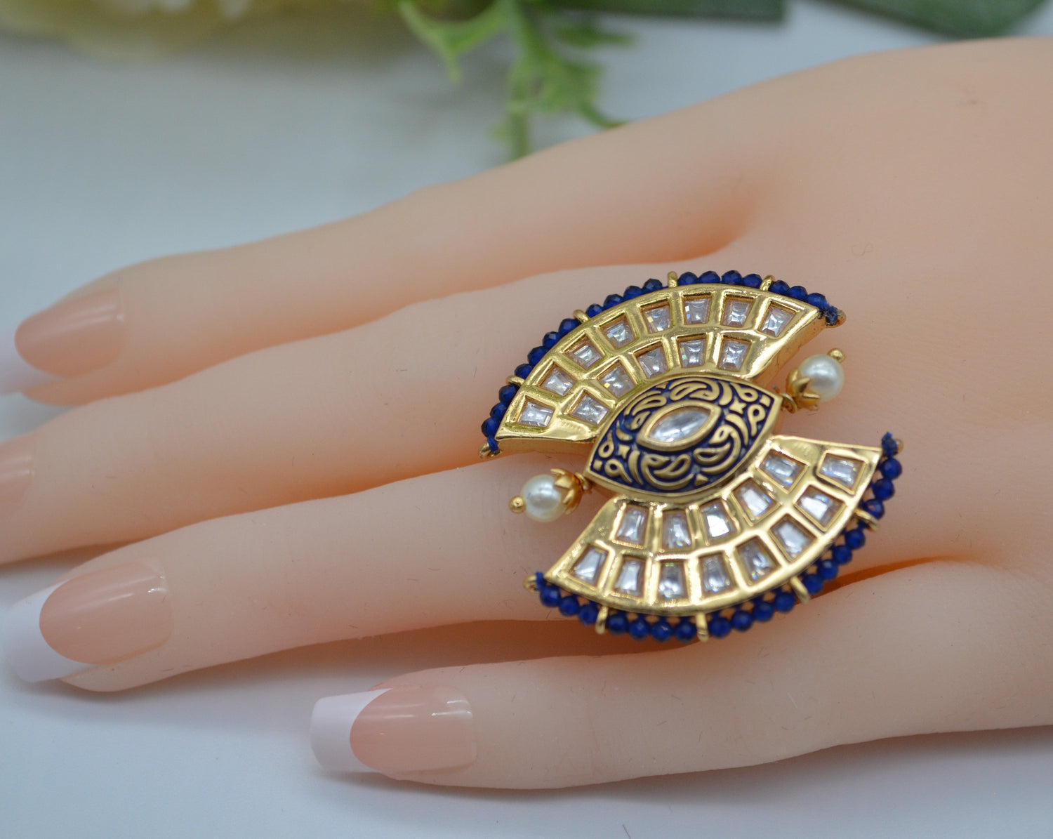 Tyaani Kundan Adjustable Ring Royal Blue Rings