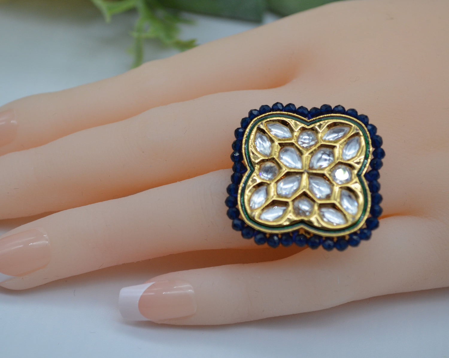 Tyaani Kundan Adjustable Ring Royal Blue Rings