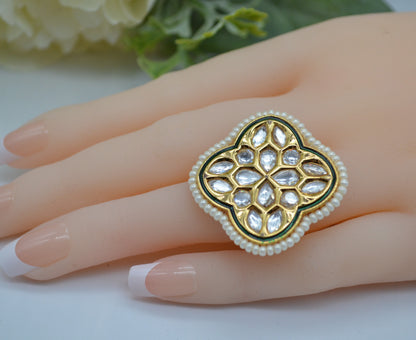 Tyaani Kundan Adjustable Ring Pearl Rings