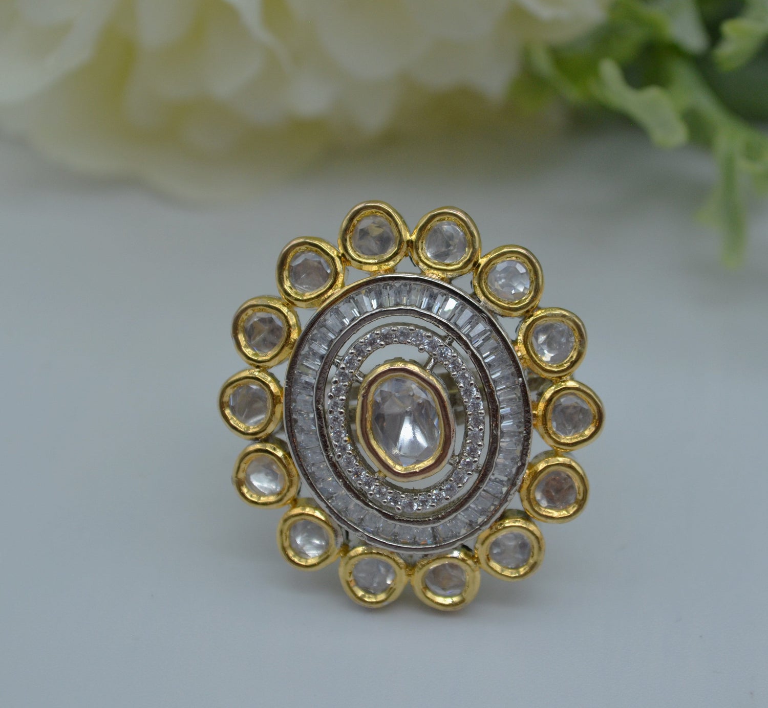 Dual Tone Uncut Kundan Adjustable Ring White Rings