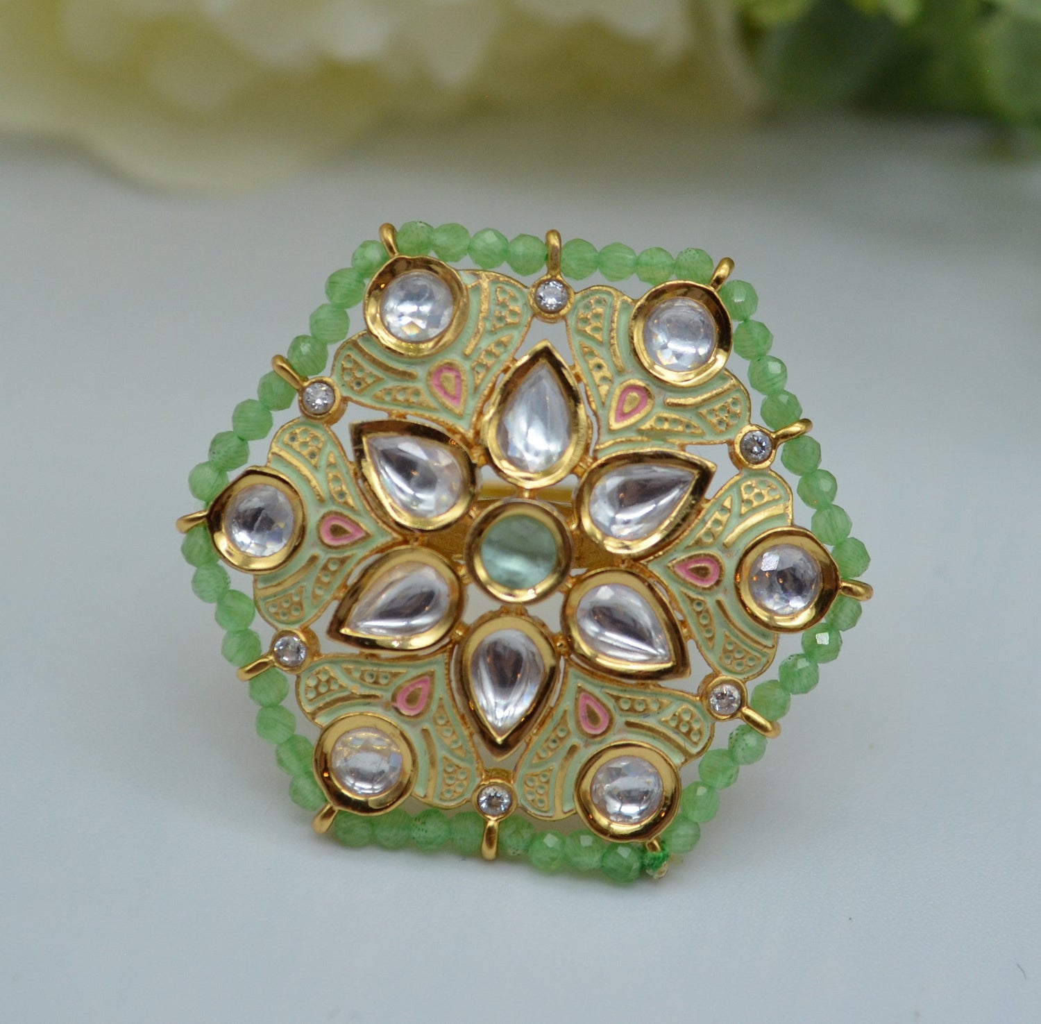 Meenakari Foiled Kundan Adjustable Ring Mint Green Rings