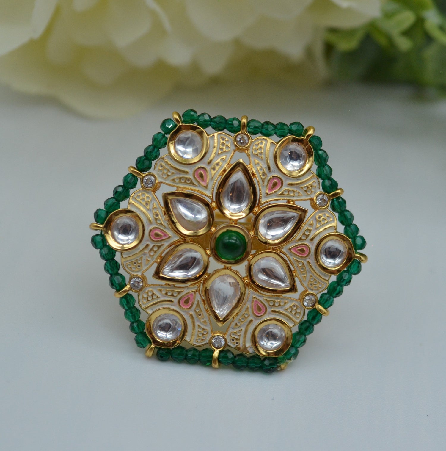 Meenakari Foiled Kundan Adjustable Ring Green Rings