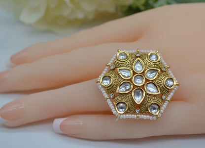 Meenakari Foiled Kundan Adjustable Ring Pearl Rings