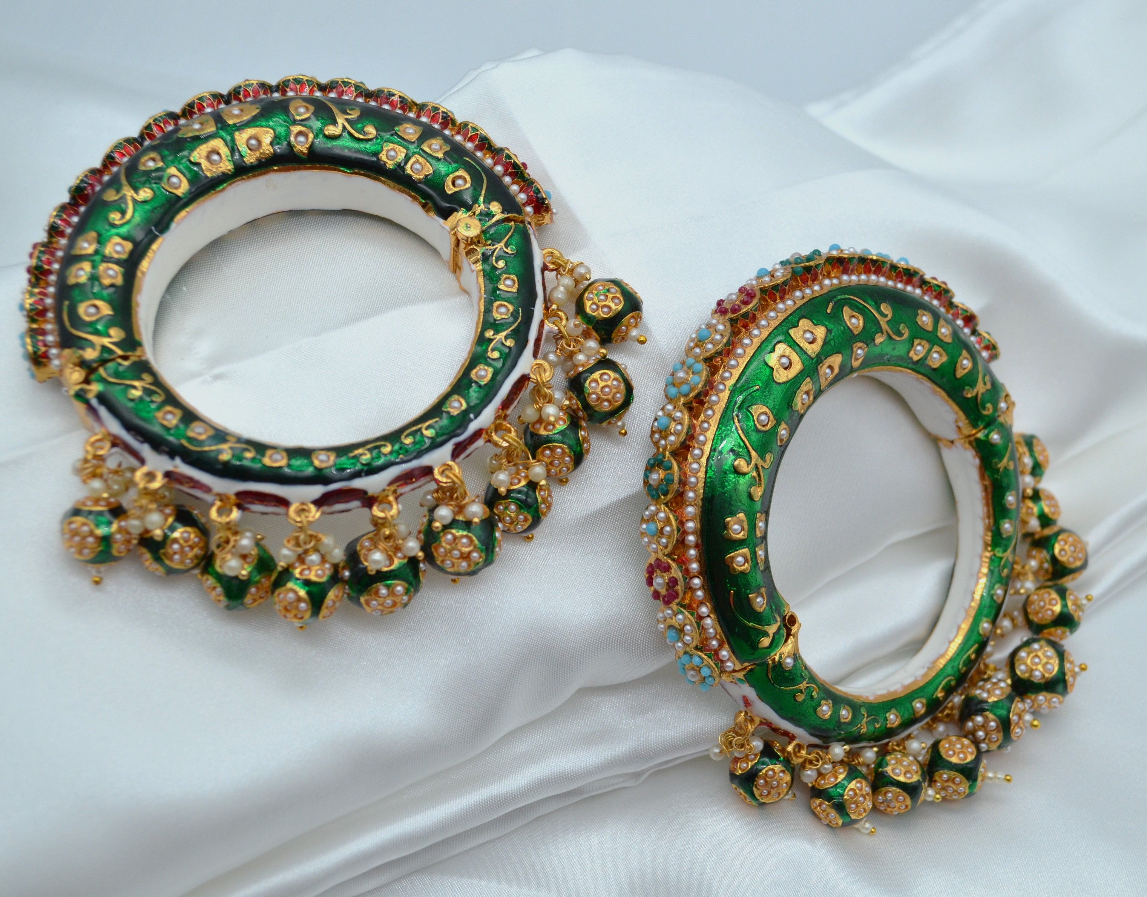 Designer Rajasthani Green Meenakari Pacheli Opnable Kada - Pair Or Single Bangles