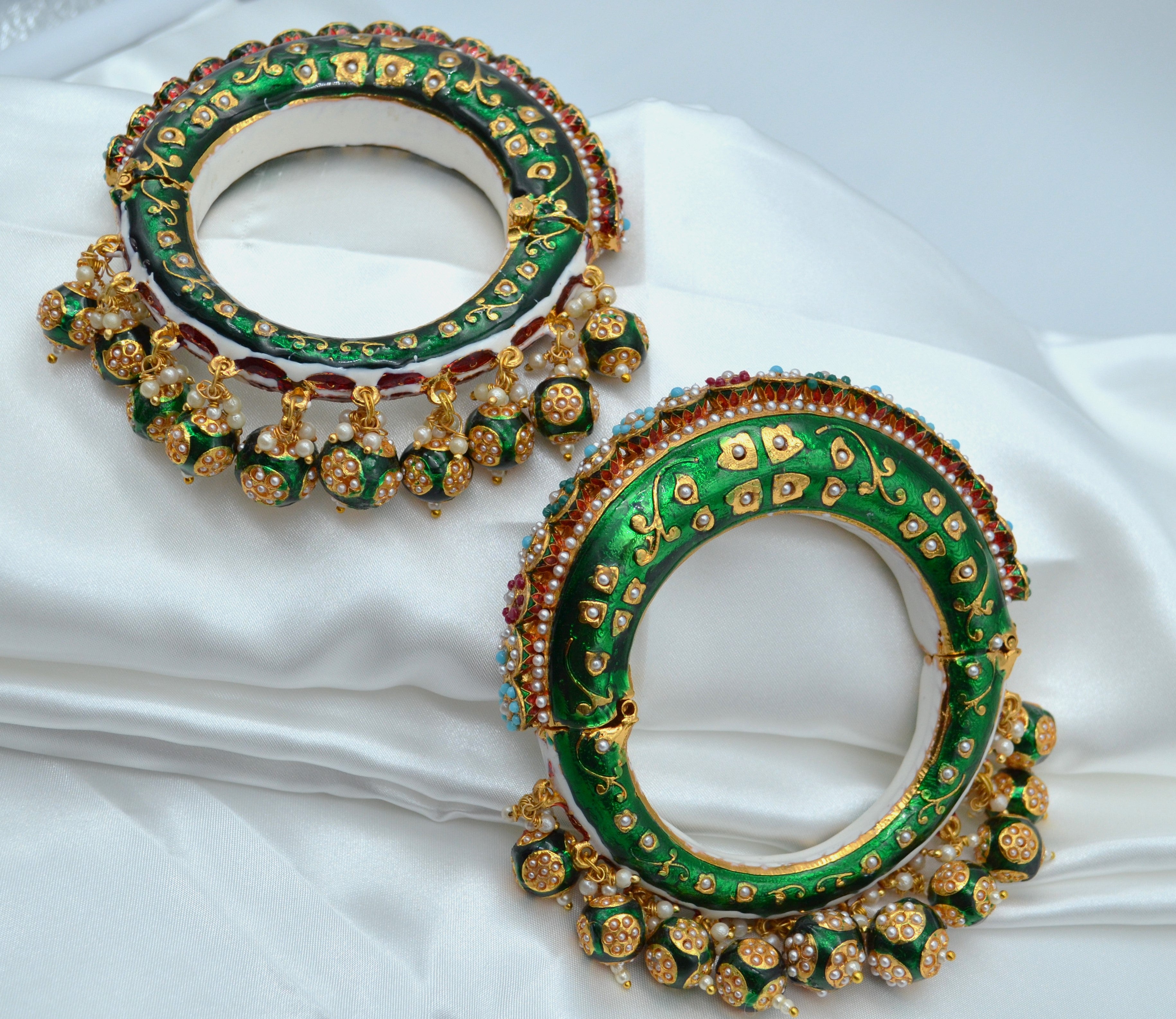 Designer Rajasthani Green Meenakari Pacheli Opnable Kada - Pair Or Single Bangles