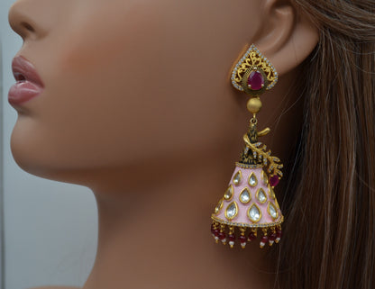 Statement Meenakari Uncut Kundan Jhumki Earrings