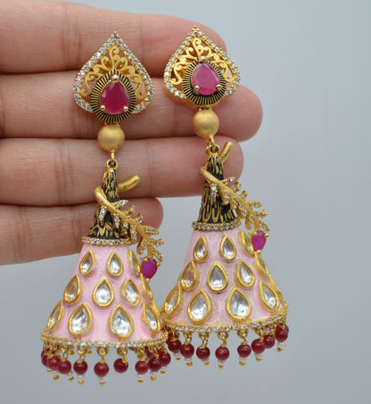 Statement Meenakari Uncut Kundan Jhumki Earrings