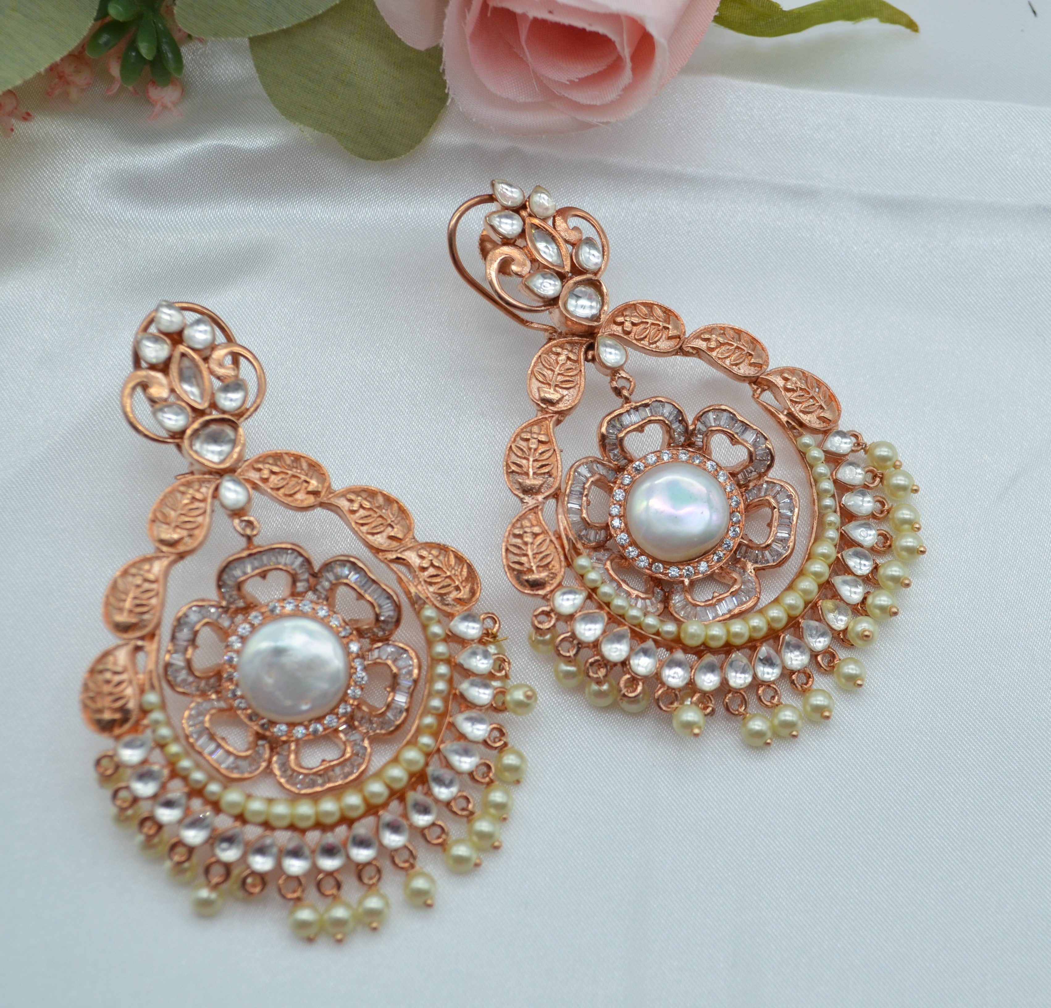 Statement Kundan Chandbali Earrings White