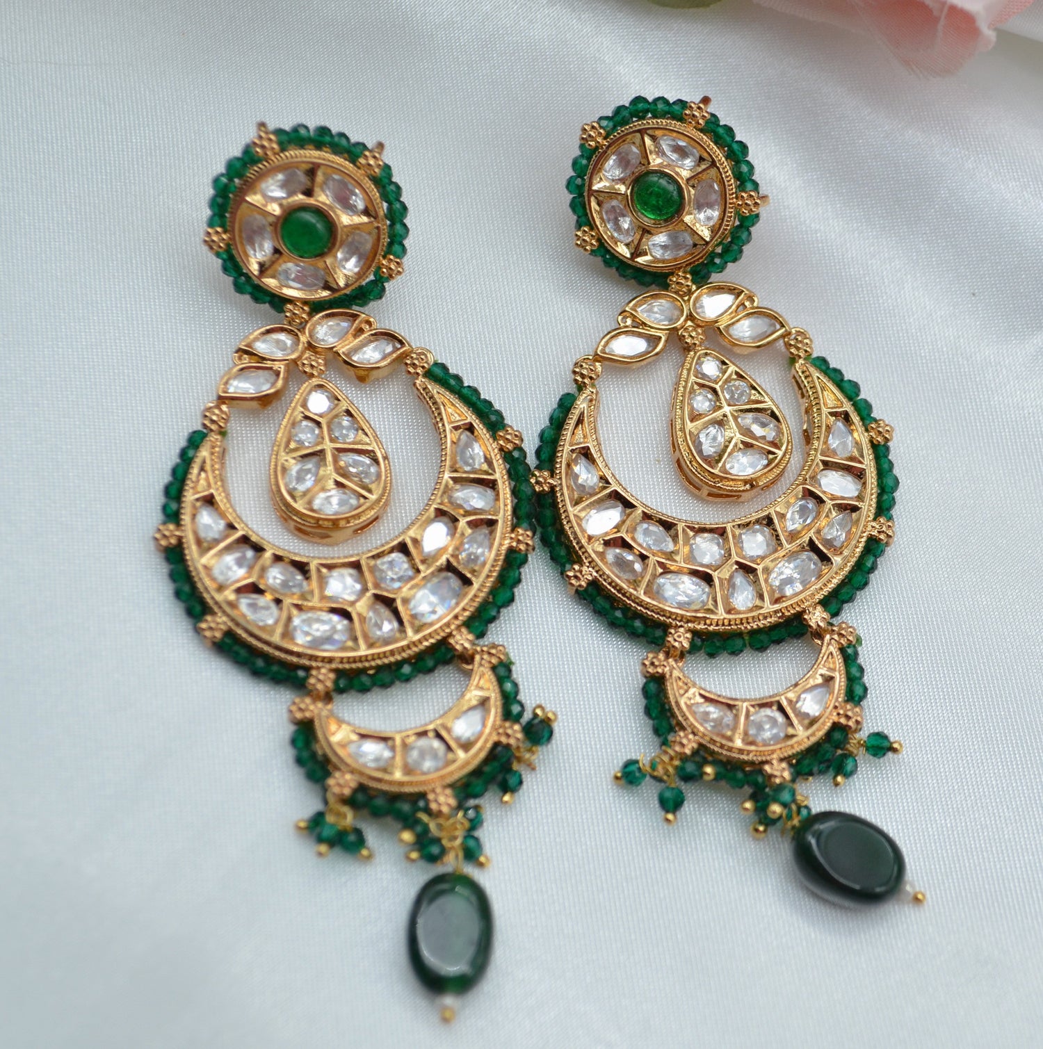 Statement Uncut Kundan Chandbali Earrings Green