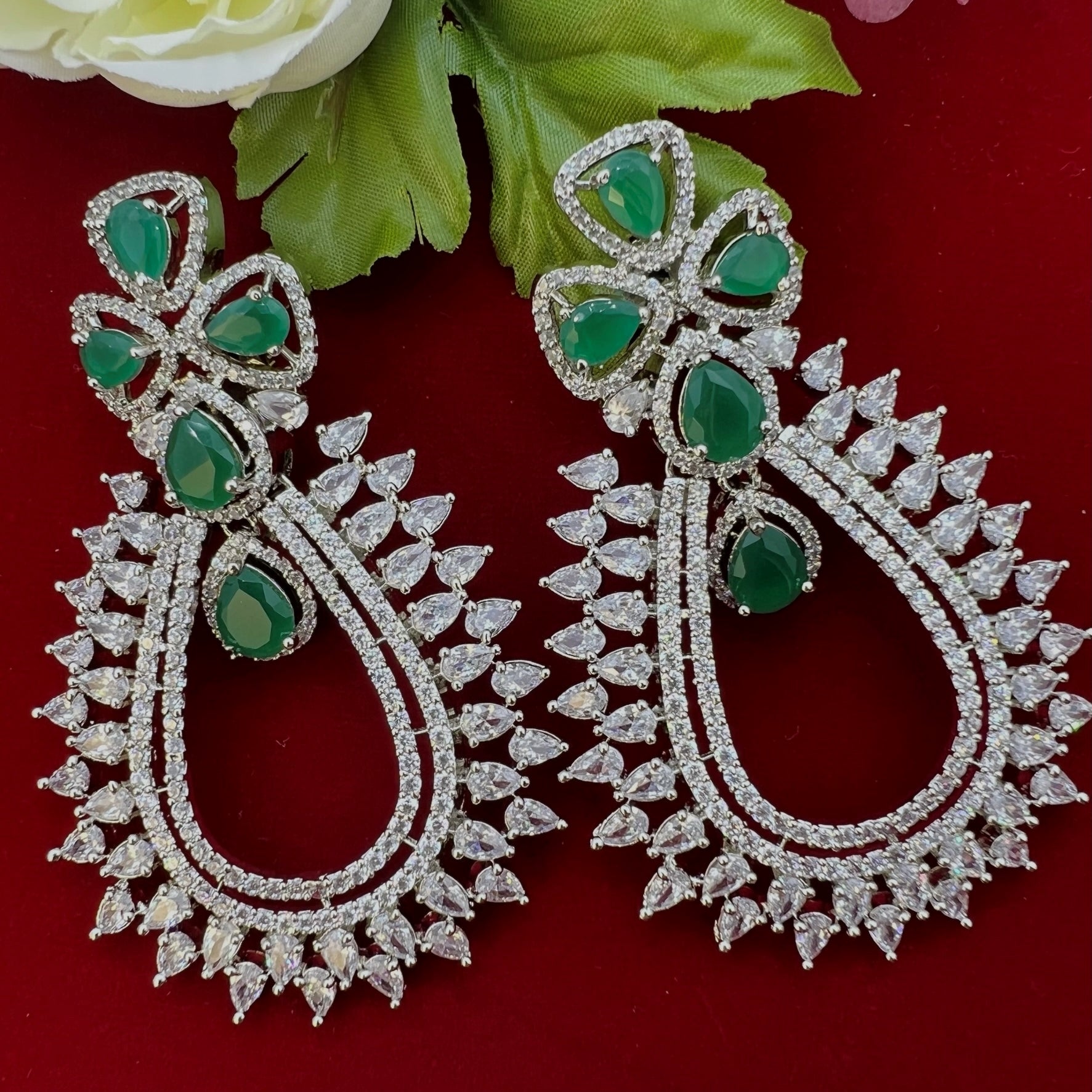 Silver Cz Monalisa Stone Dangler Long Earrings Emerald Green