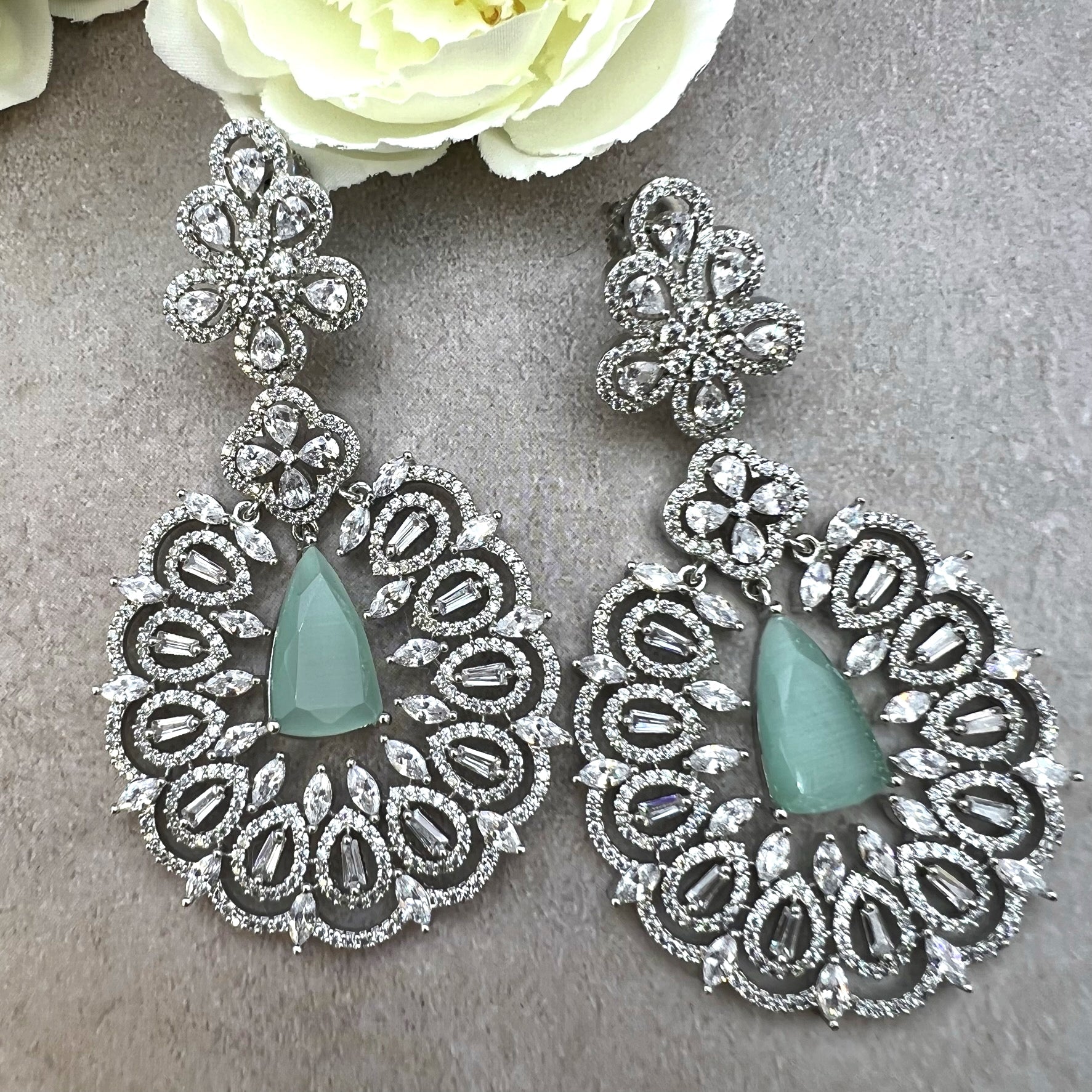 Silver Dangler Long Cz Stone Earrings Green