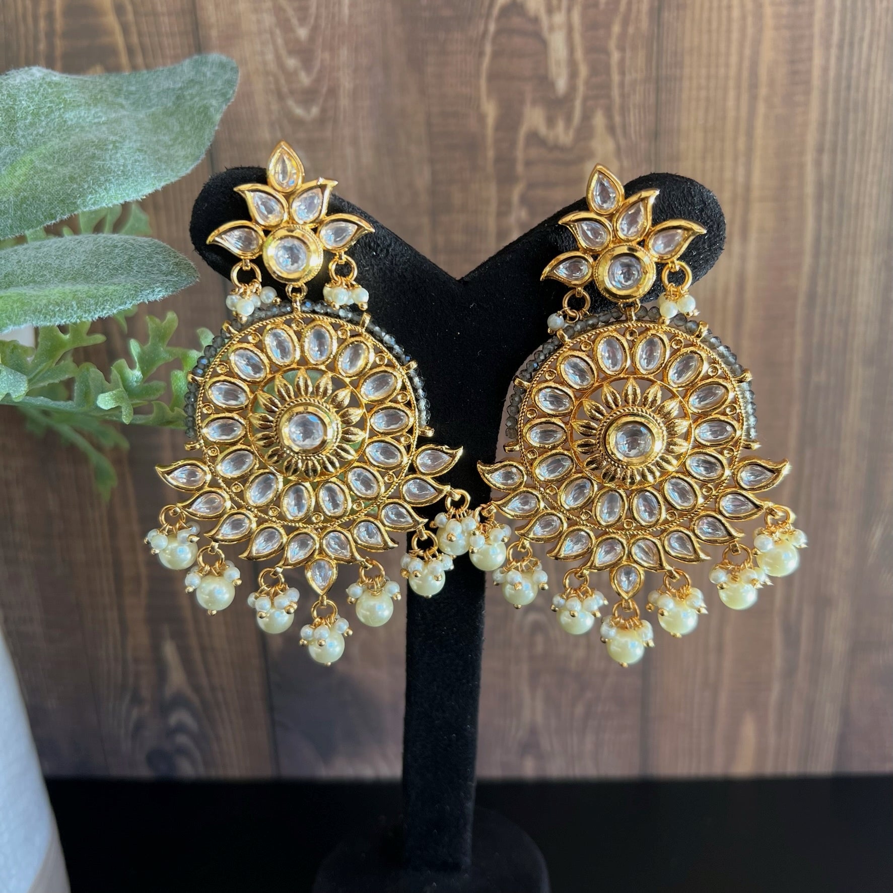 Tyaani Circular Kundan Pearl Drop Dangler Earrings Grey