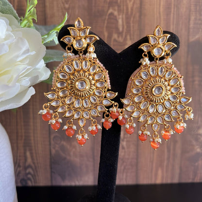 Tyaani Circular Kundan Pearl Drop Dangler Earrings Orange