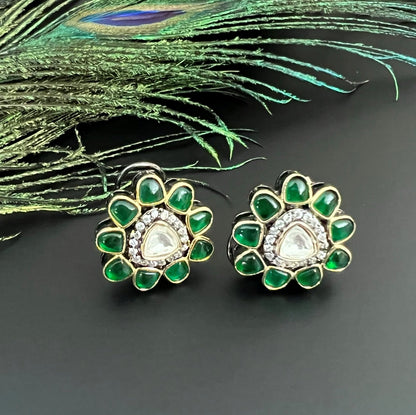 Ahmedabadi Kundan Studs Green Earrings