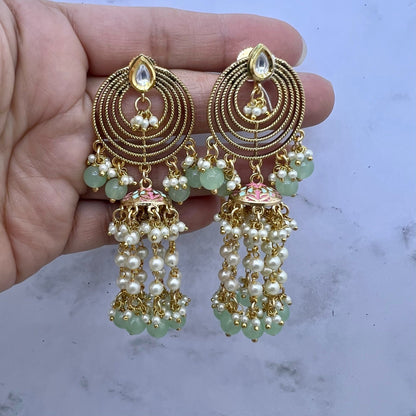 Fusion Meenakri Pearl Tassels Chain Kundan Earrings