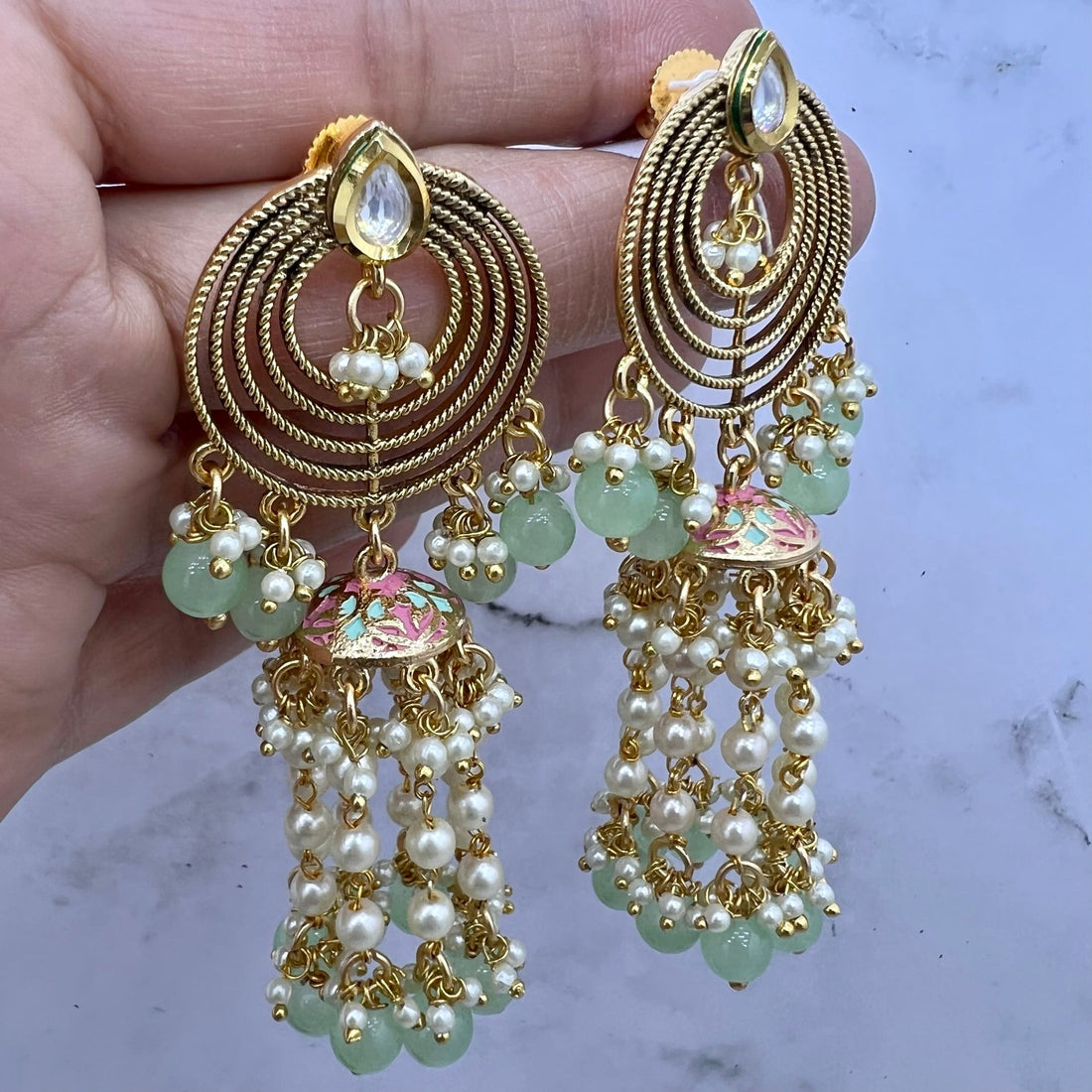 Fusion Meenakri Pearl Tassels Chain Kundan Earrings