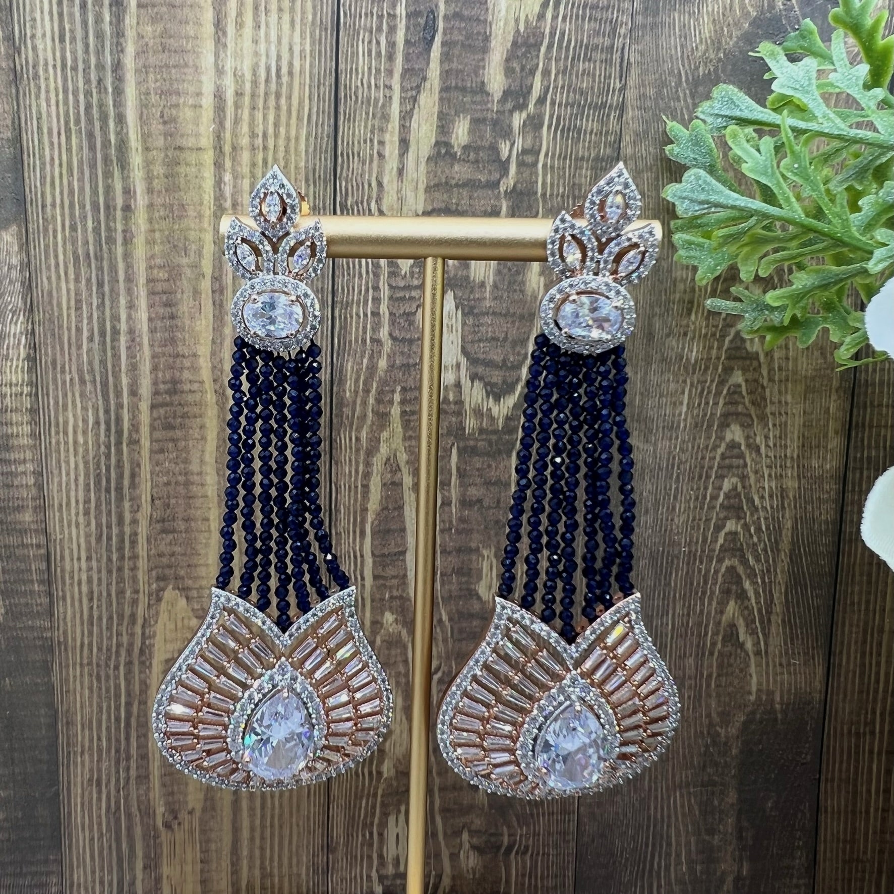 Aafreen Statement Oval Shape With Cz &amp; Baguette Stone Long Earrings Sapphire