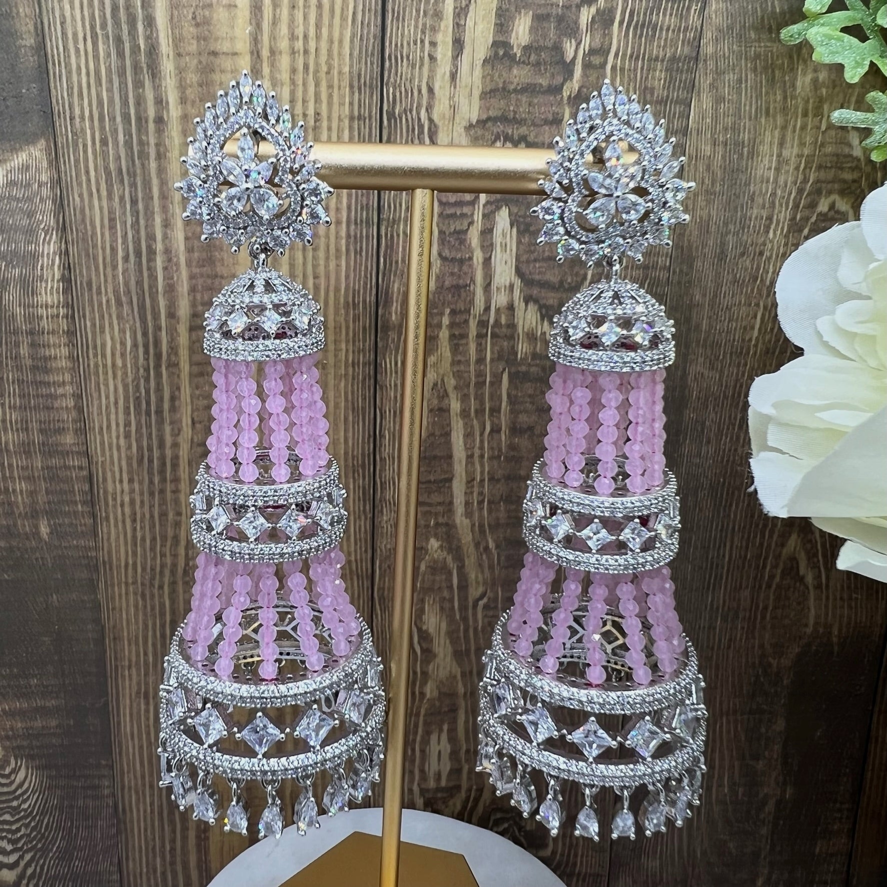 Nayab Cz Chandelier Statement Long Earrings Pink