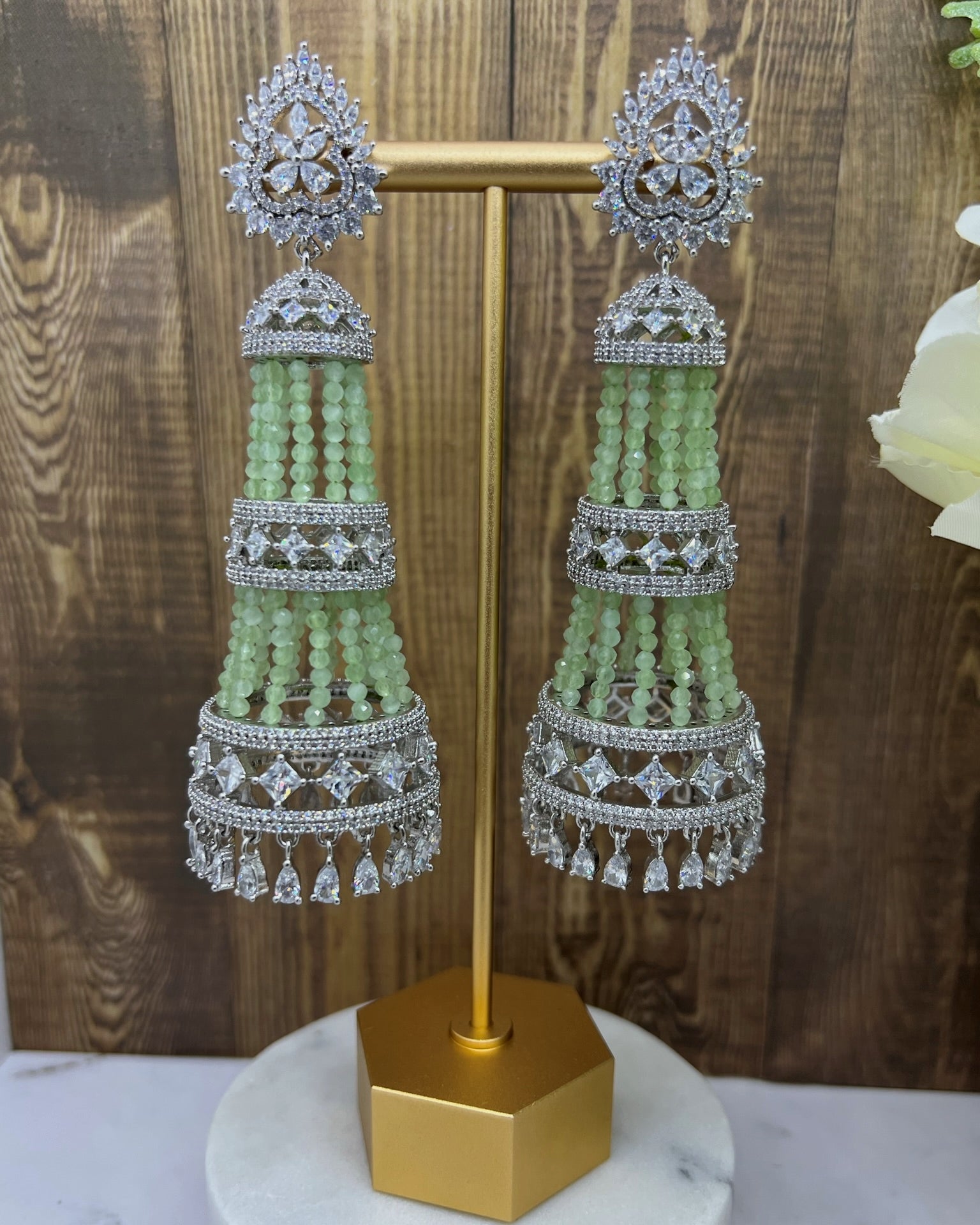 Nayab Cz Chandelier Statement Long Earrings Green Mint