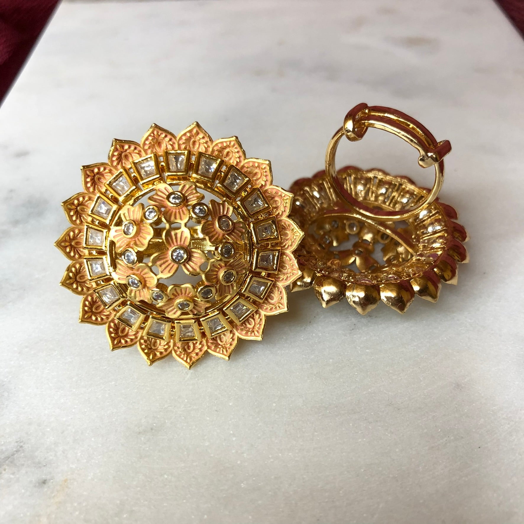 Meenakari Tyaani Inspired Kundan Adjustable Ring Peach Rings