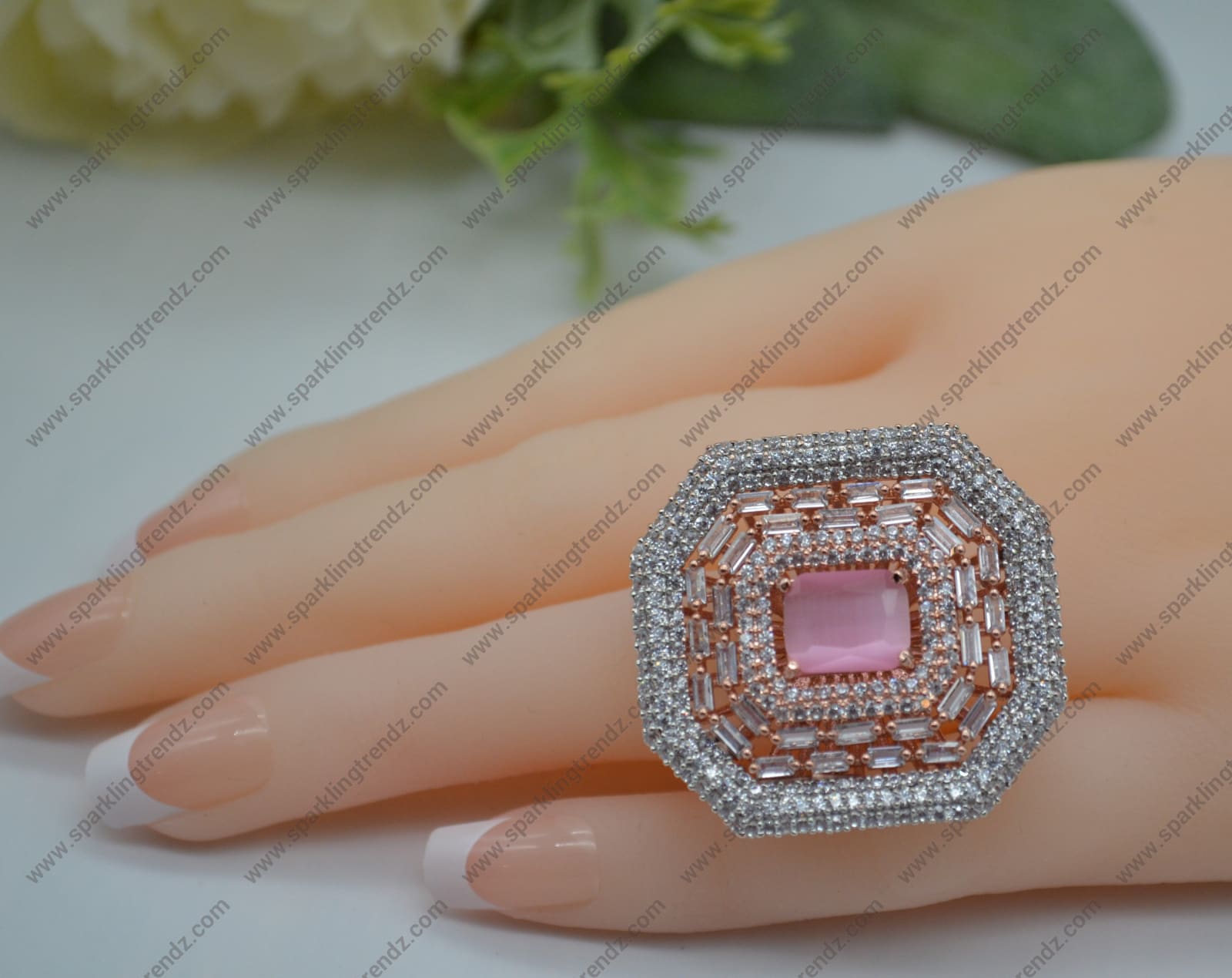 Cocktail Cz Monalisa Stone Adjustable Ring Pink Rings