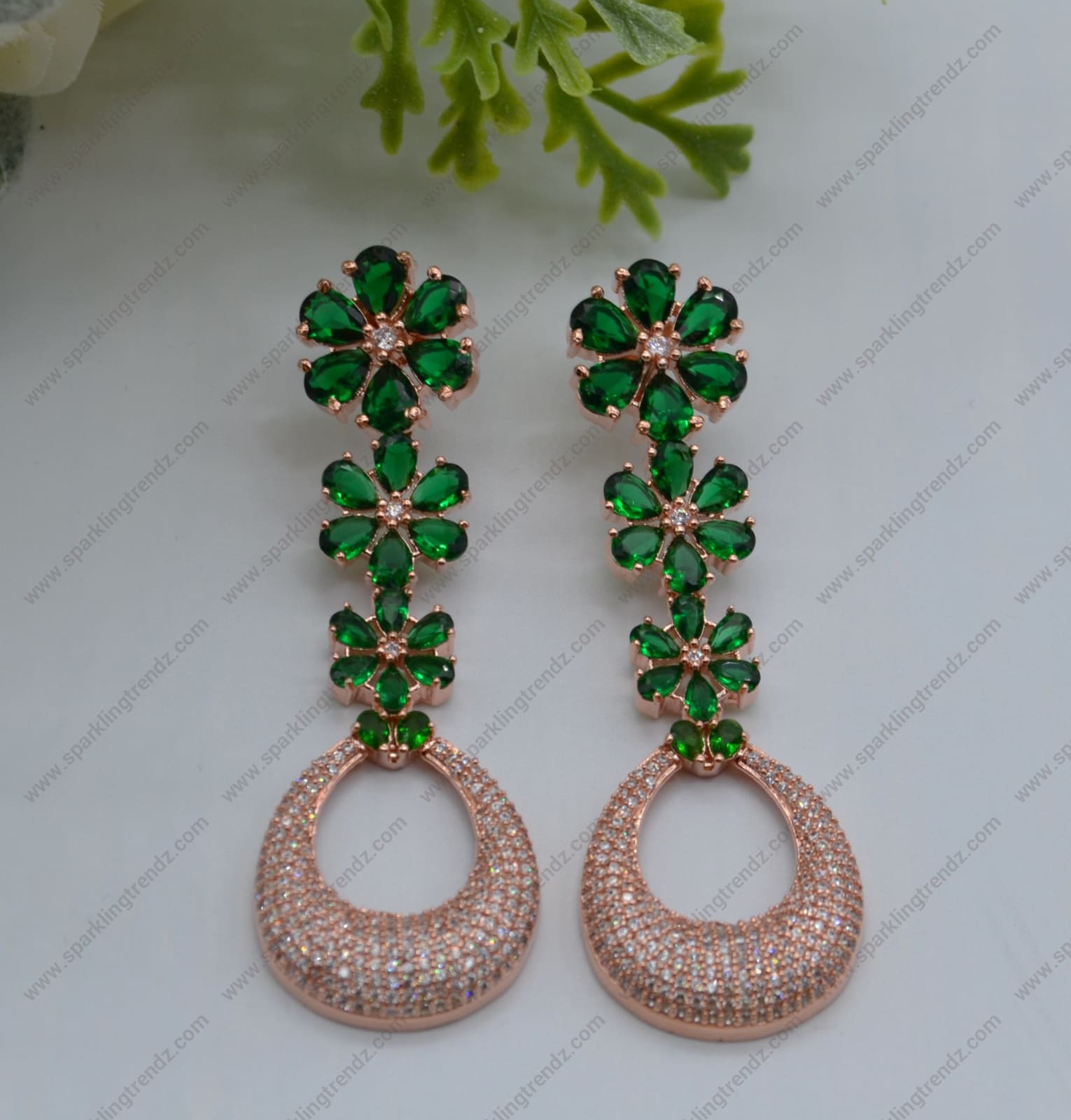 Gulsha Cz Studded Flower Dangles Earrings Rose Gold Green