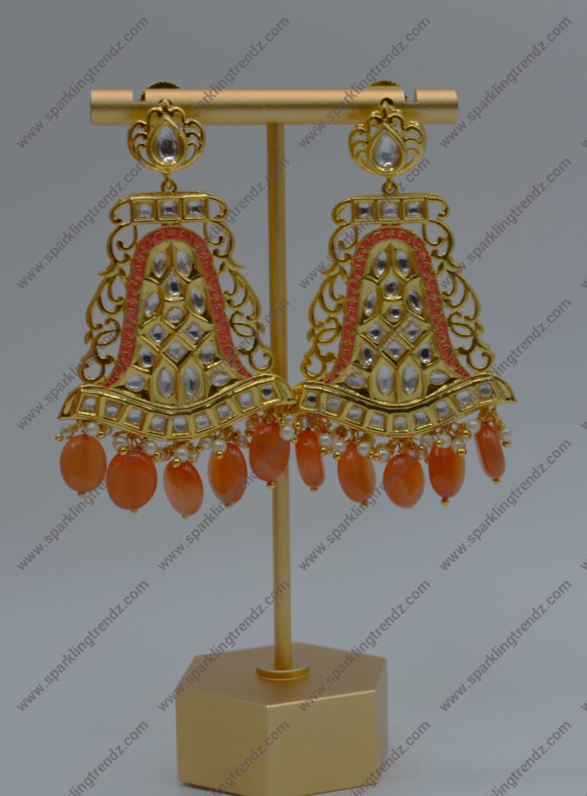 Nawabi Uncut Kundan Meenakari Statement Earrings Orange