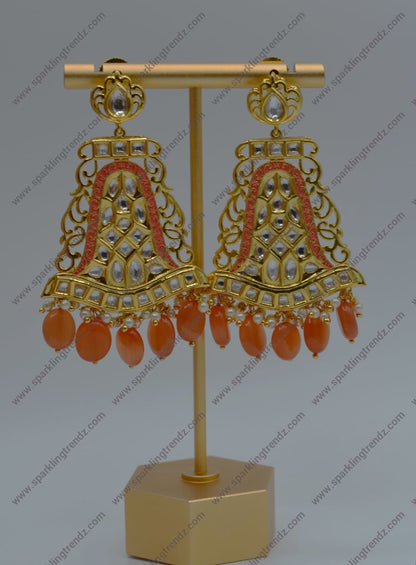 Nawabi Uncut Kundan Meenakari Statement Earrings Orange