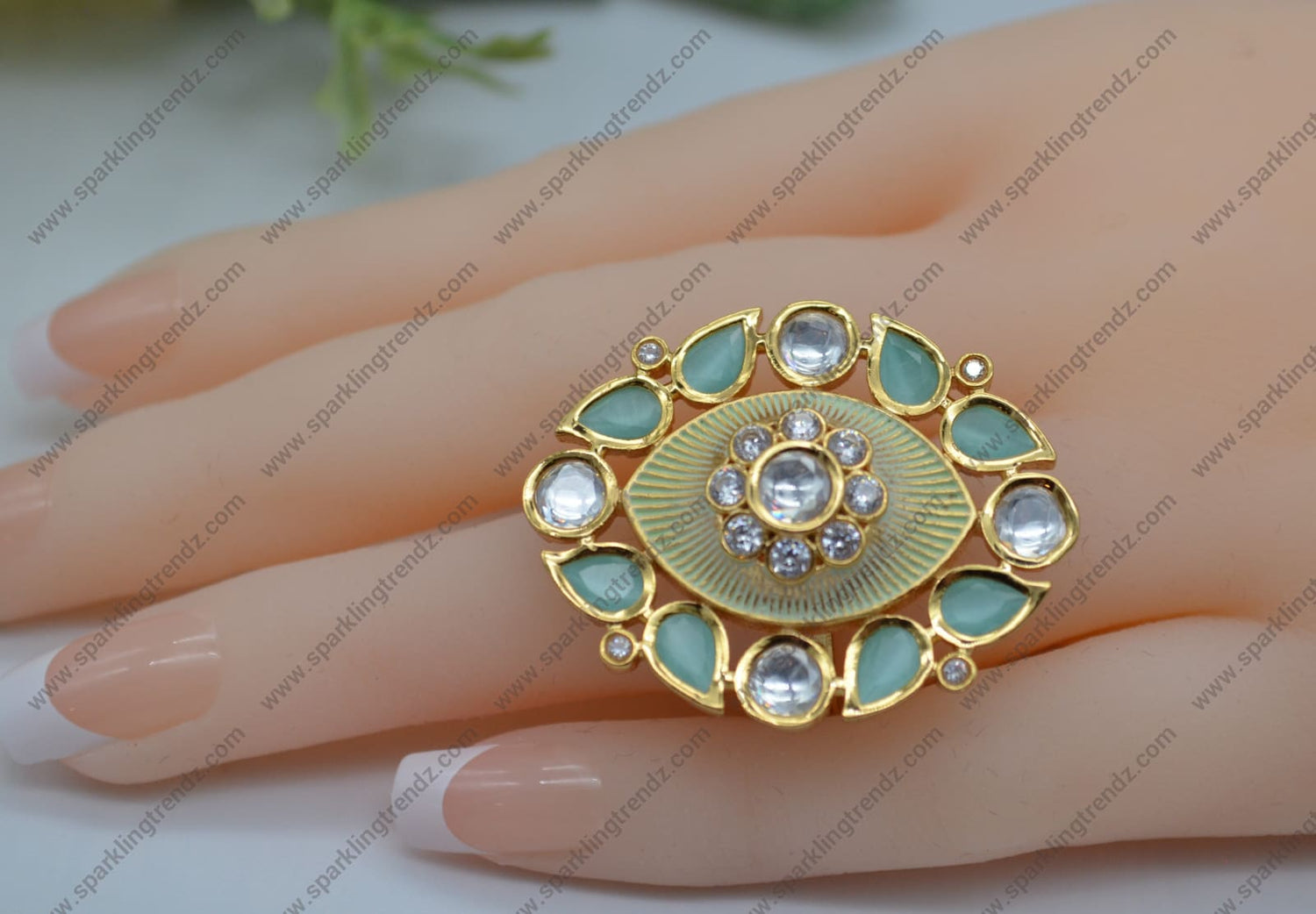 Uncut Foiled Kundan Adjustable Ring Aqua Blue Rings