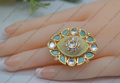 Uncut Foiled Kundan Adjustable Ring Aqua Blue Rings